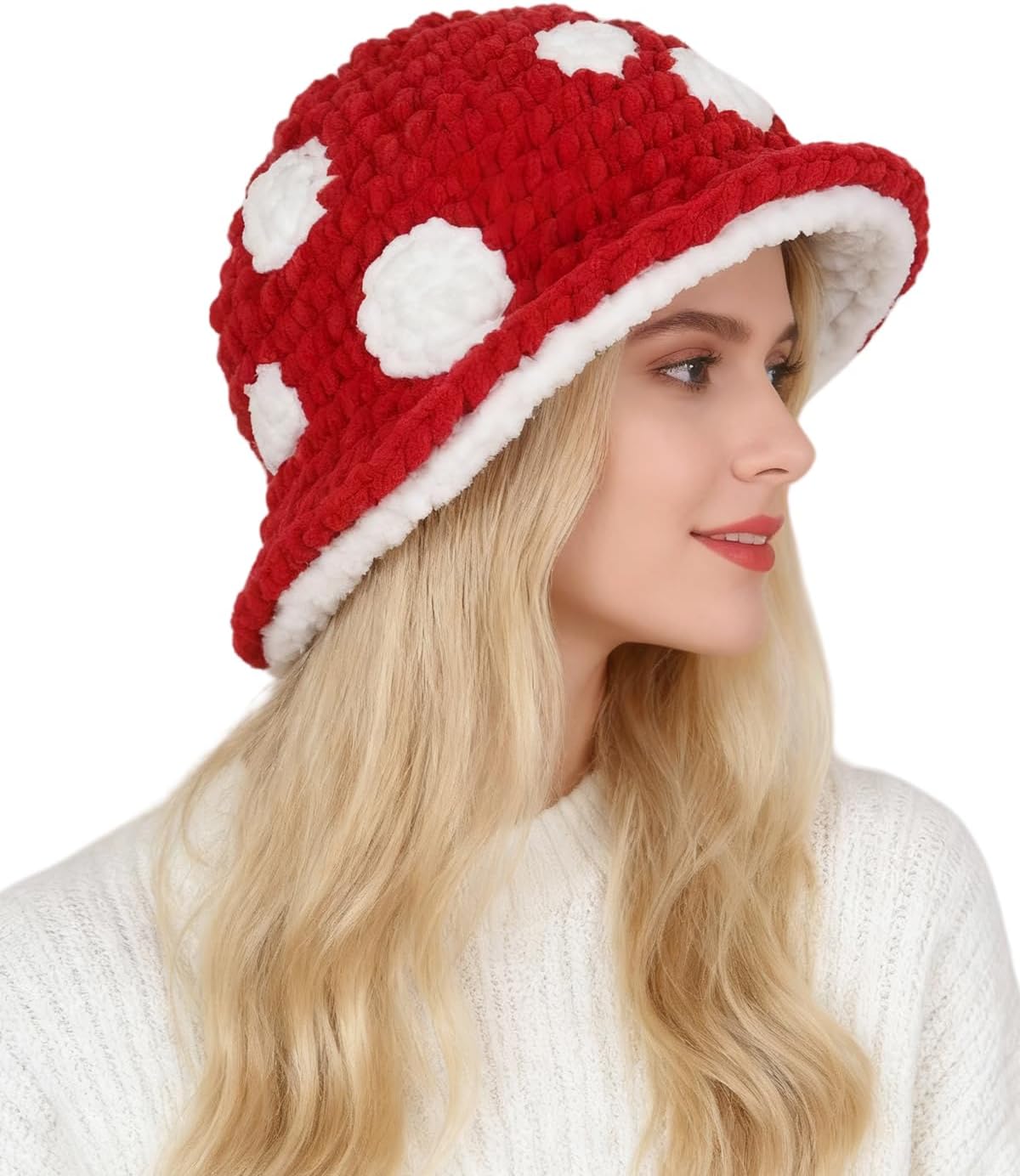 Women Chunky Knit Crochet Bucket Hat Cute Mushroom Hat Party Cosplay Fluffy Winter Beanie Cloche Skull Caps