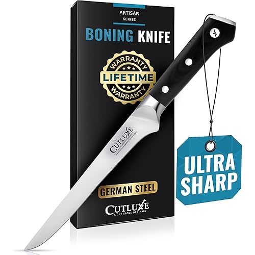 Cutluxe Boning Knife – 6" Razor Sharp Fillet – High Carbon German Steel – Full Tang Ergonomic Handle Design, Grilling Gifts for Men – Artisan Series