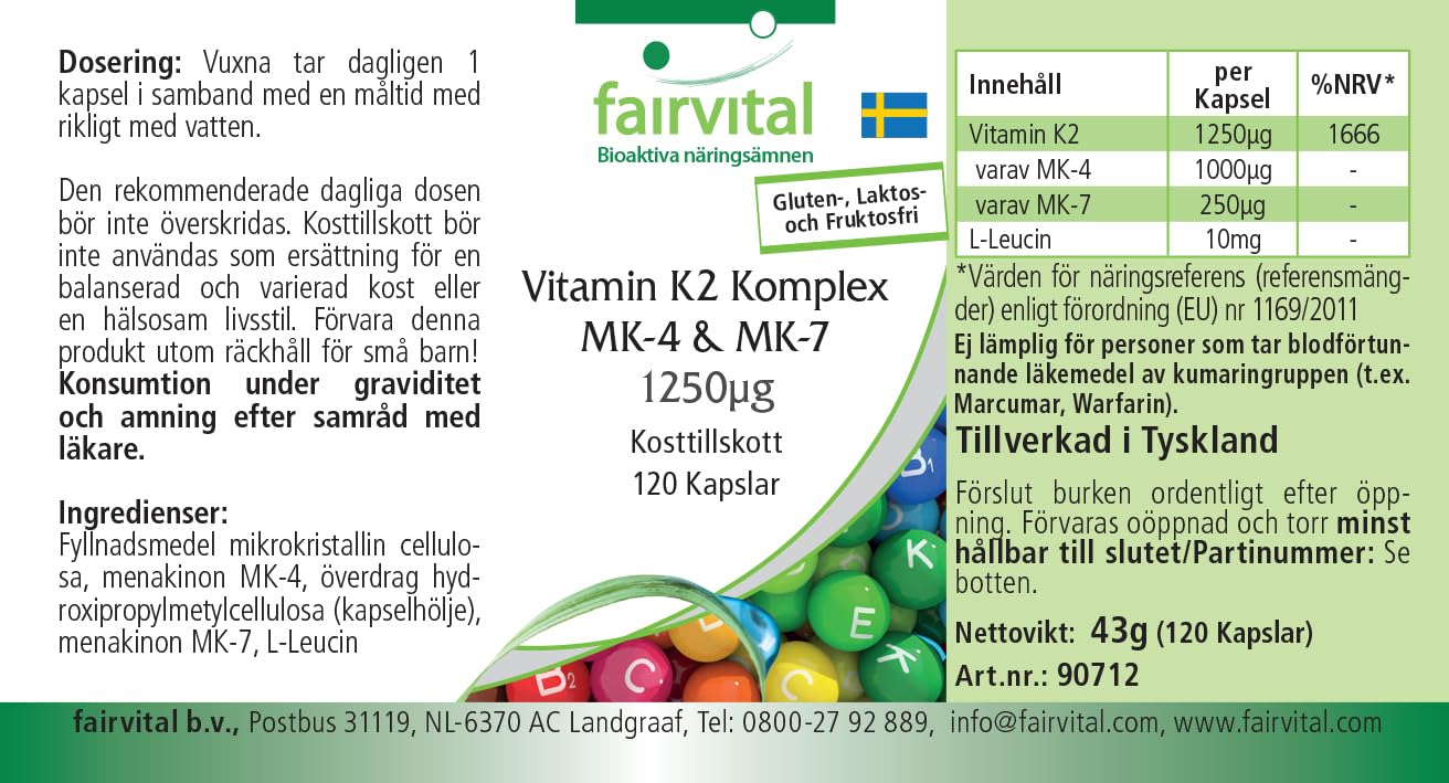 fairvital Complexe de vitamine K2 MK-4 & MK-7-1250 mcg de K2 par gélule, 120 gélules, faciles à avaler, HAUTEMENT DOSÉ, VÉGÉTALIEN, MK-7