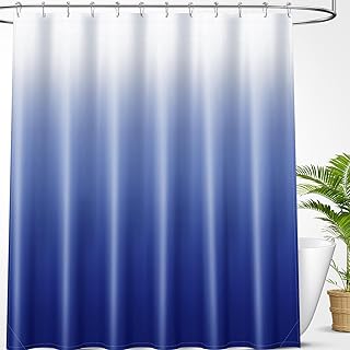 OLANLY Luxury Royal Blue and White Ombre Shower Curtain Sets with 12 Hooks, Waterproof and Washable Decorative Shower Curtains for Bathroom, 72x72 Inches