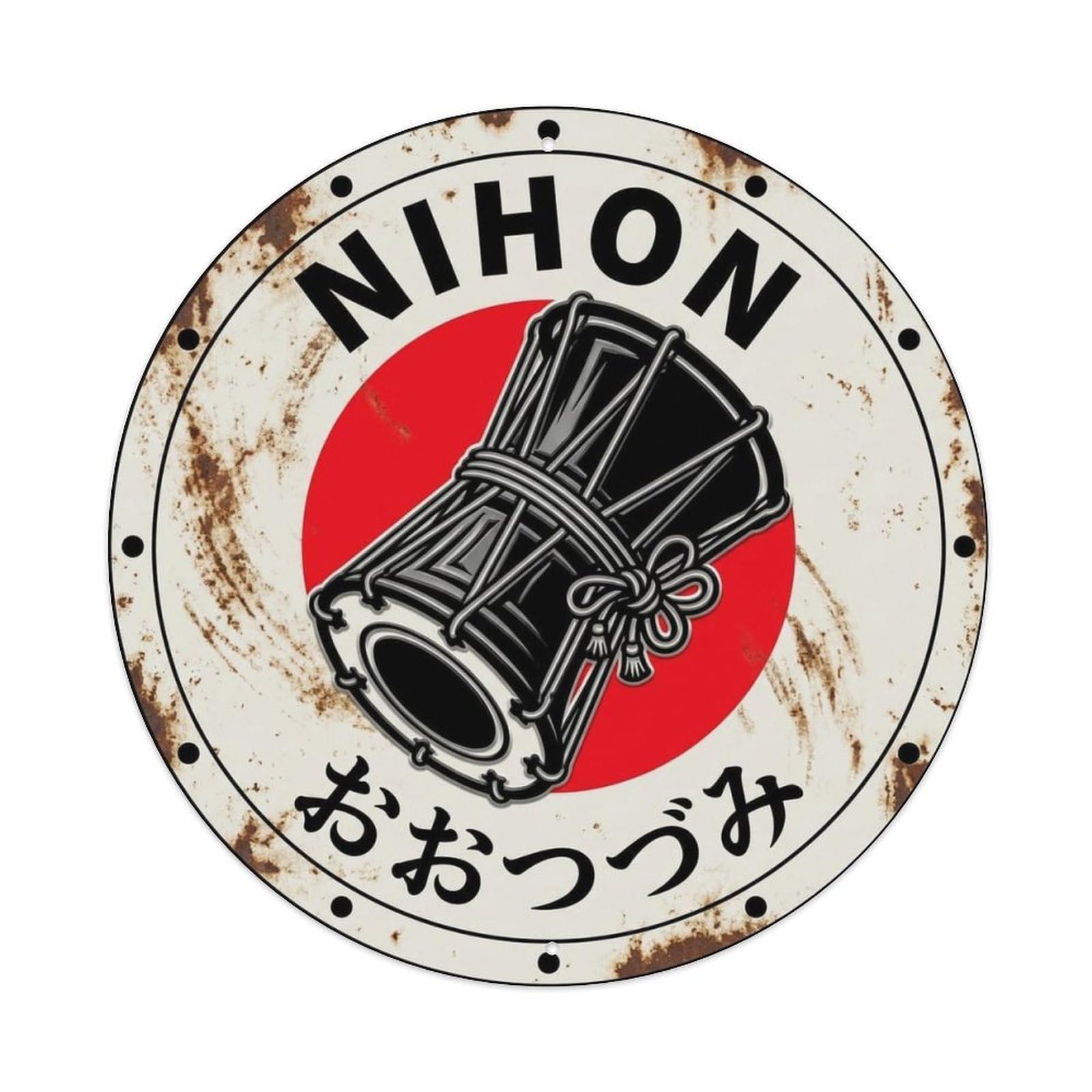 Otsuzumi Drum Nihon Hip Vintage Nippon Red Circle Crest Metal Tin Sign Plaque Wall Decor for Cafe, Man Cave, Club Bar, Office, Home Garden Round Metal Poster 8x8Inch