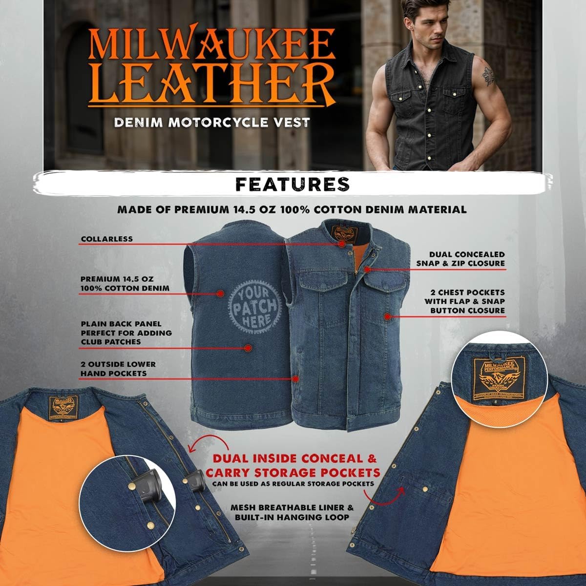 Milwaukee Leather MDM3001 Men's 'Covert' Blue Denim Collarless Club Style Motorcycle Biker Vest w/Dual Closure