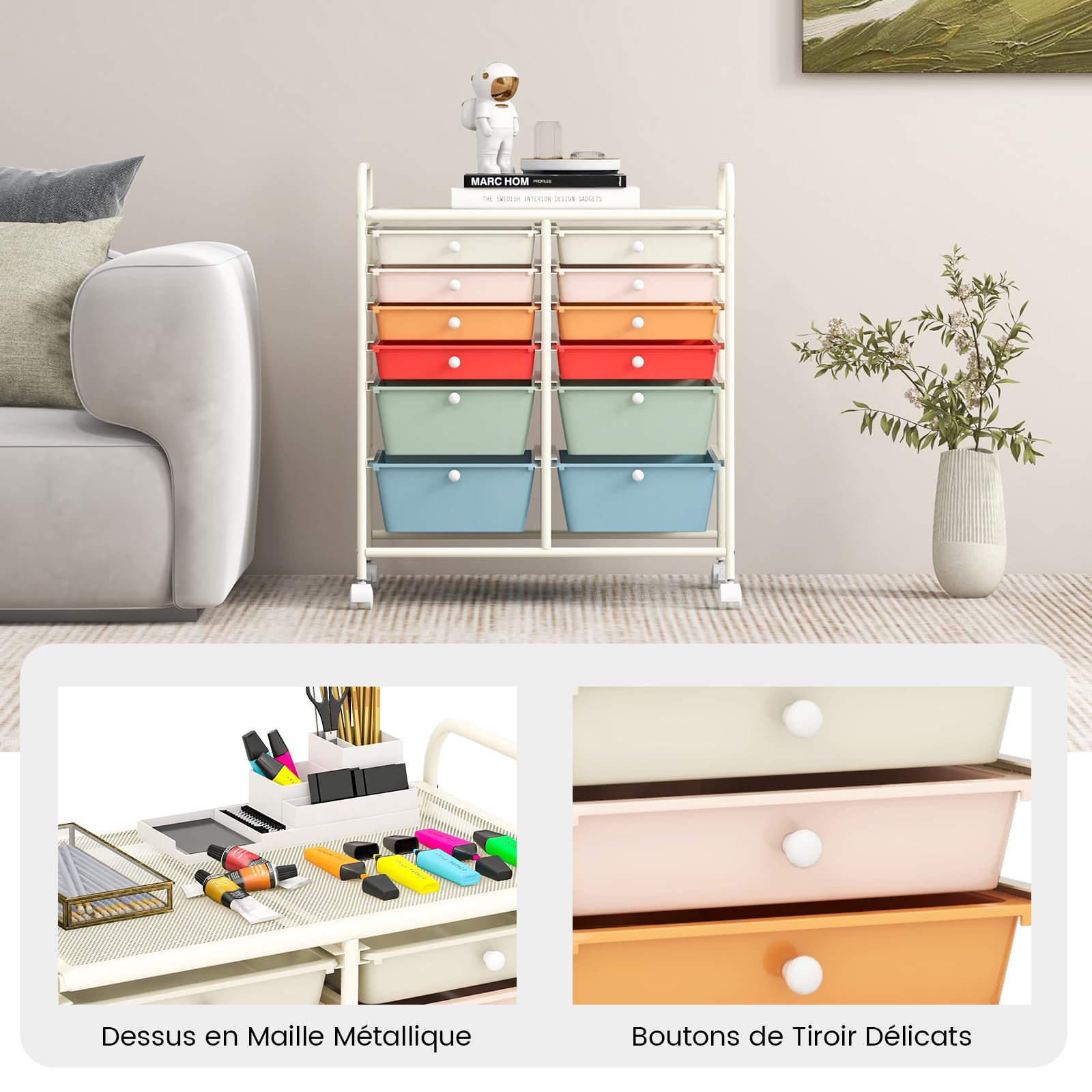 COSTWAY Chariot de Rangement à Roulette 12 Tiroirs en PP, Tour de Rangement avec Tablette, Cadre en Métal, Desserte Meuble Tiroir pour Cuisine Salle de Bain École, 64x38x75cm (Multicolor)