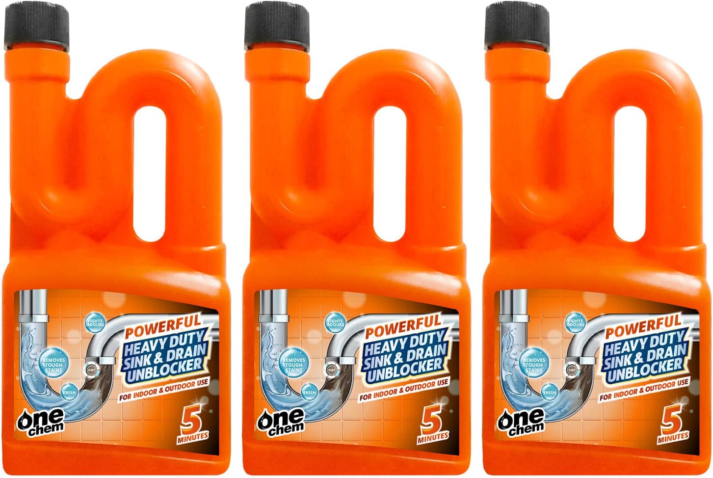 One Chem Heavy Duty Sink and Drain Unblocker 3 x 750ml – Powerful formula for indoor and outdoor use