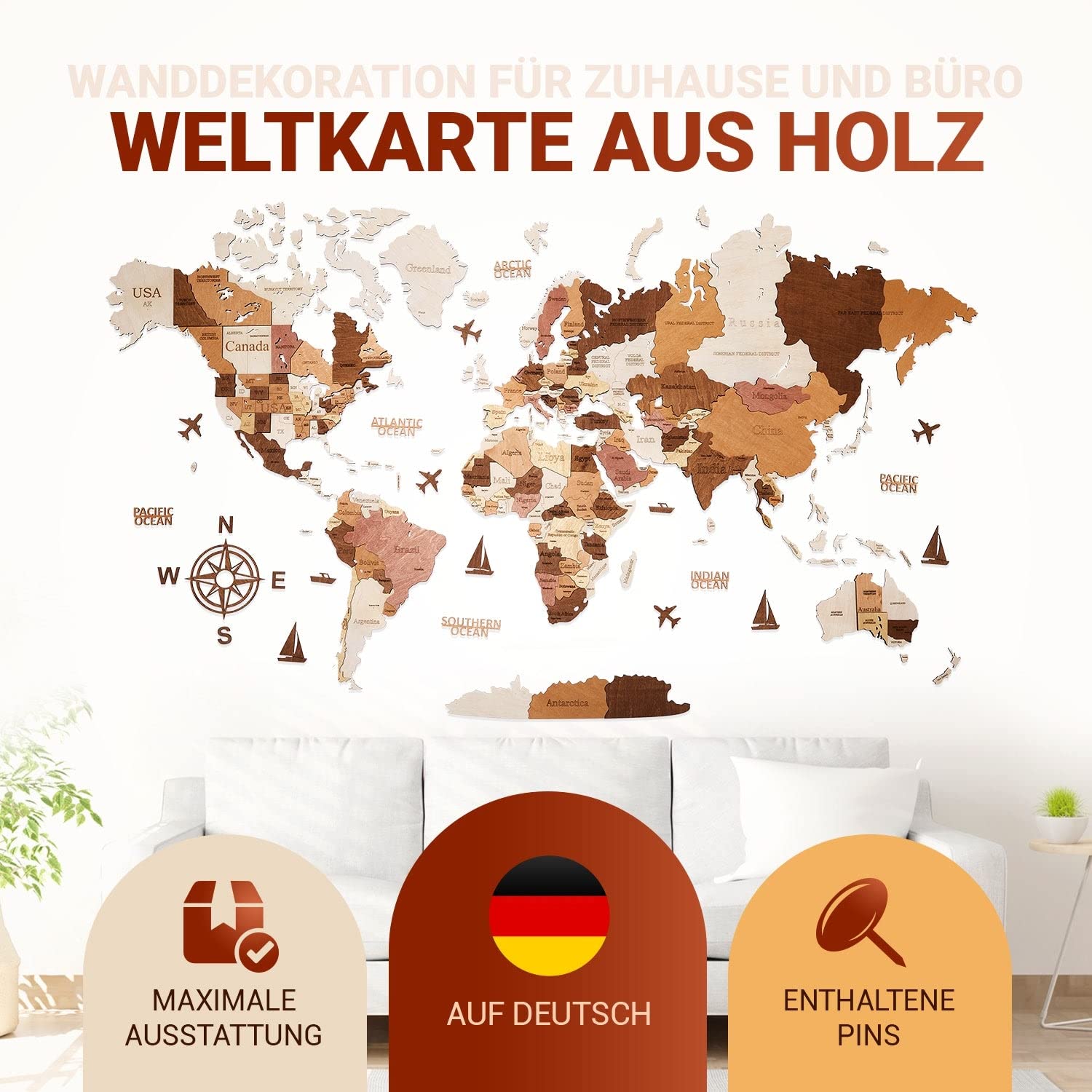 Premium Wanddeko 3D Weltkarte Holz in Deutsch mit Pins | Werkzeuglose Wandmontage | Eine Geschenkidee für jede Gelegenheit | Wand deko Holz für Wohn- und Büro Deko (Holzfarbe, 120x62 cms)