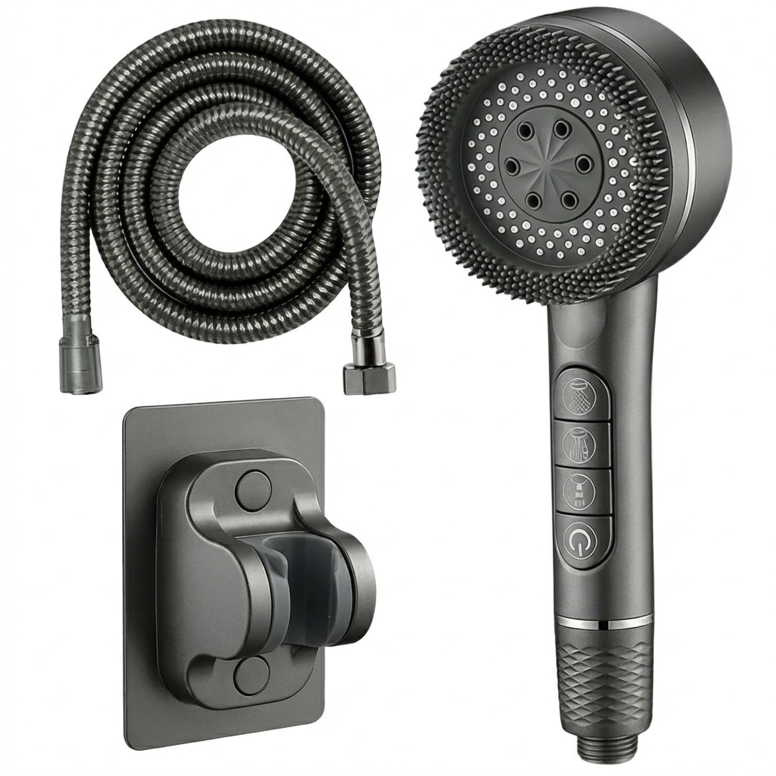 Senshuomy High Pressure Filtered Shower Head for Hard Water - Handheld Showerhead with 4 Spray Modes & On/Off Pause Switch, Includes 1.5m Hose and Adjustable Bracket (Grey)