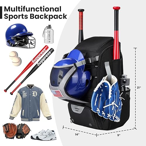 Miniatura 2 de GOTECH Bolsa de sóftbol, bolsa de bate de sóftbol para adultos jóvenes, bolsa de béisbol con gancho para valla para bate de pelota y equipo, mochila