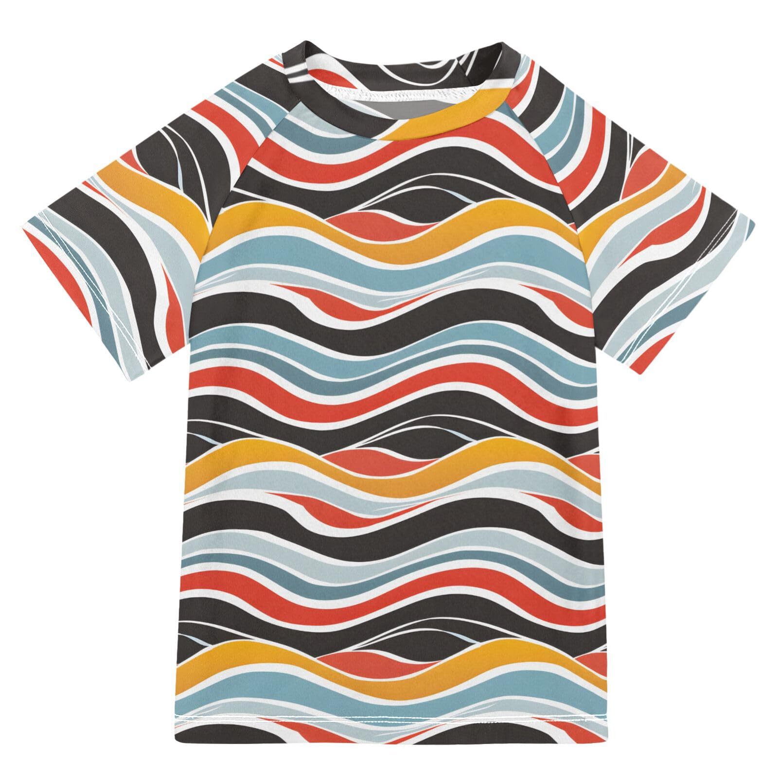 ALAZA Boys Rash Guard Swimming Shirt for Boys Short Sleeve Colorful Wavy Line UPF 50+ 5-6T