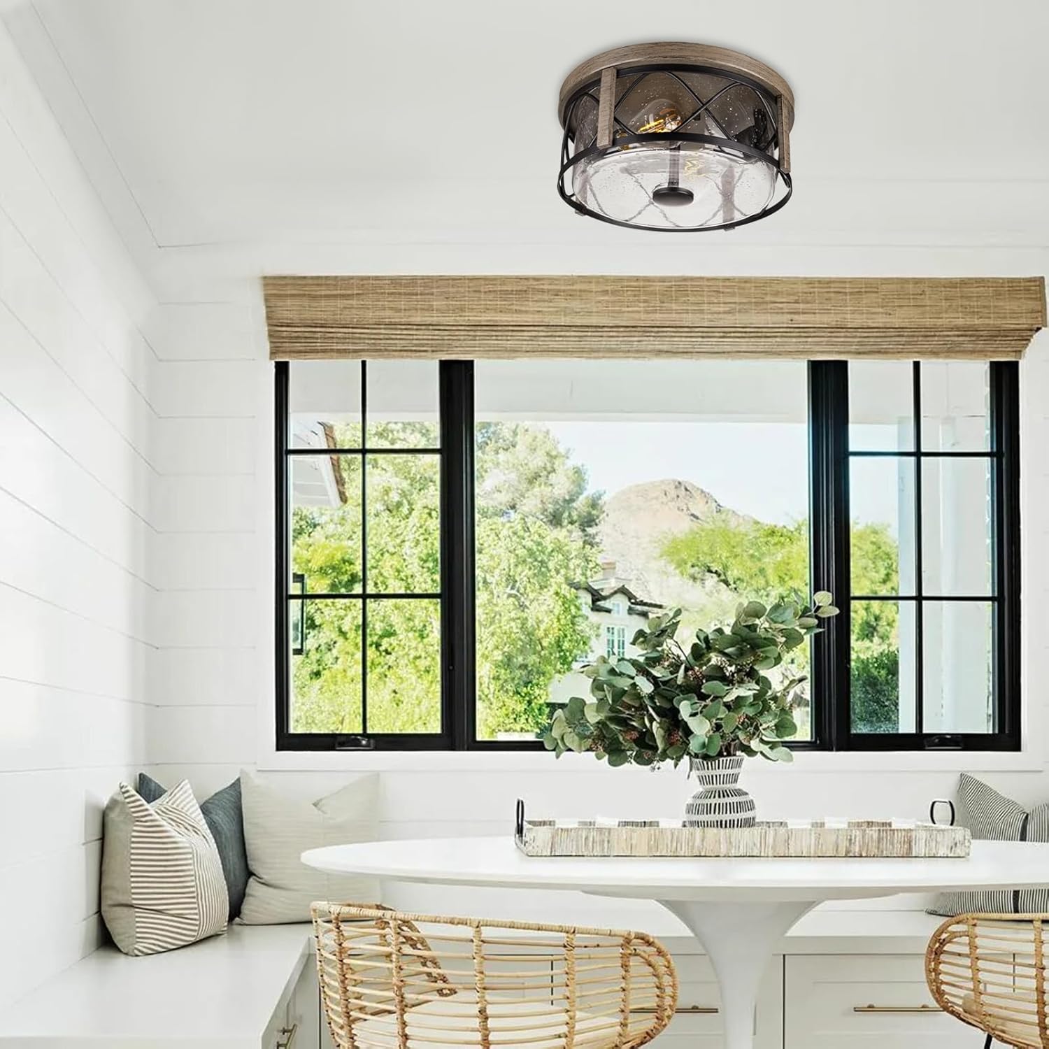 Rustic Close to Ceiling Light Fixtures, Farmhouse Wood Grain Flush Mount Ceiling Lighting, Metal Cage Lighting with Seeded Glass for Home Kitchen Dining Room Bedroom Hallway Entryway Foyer