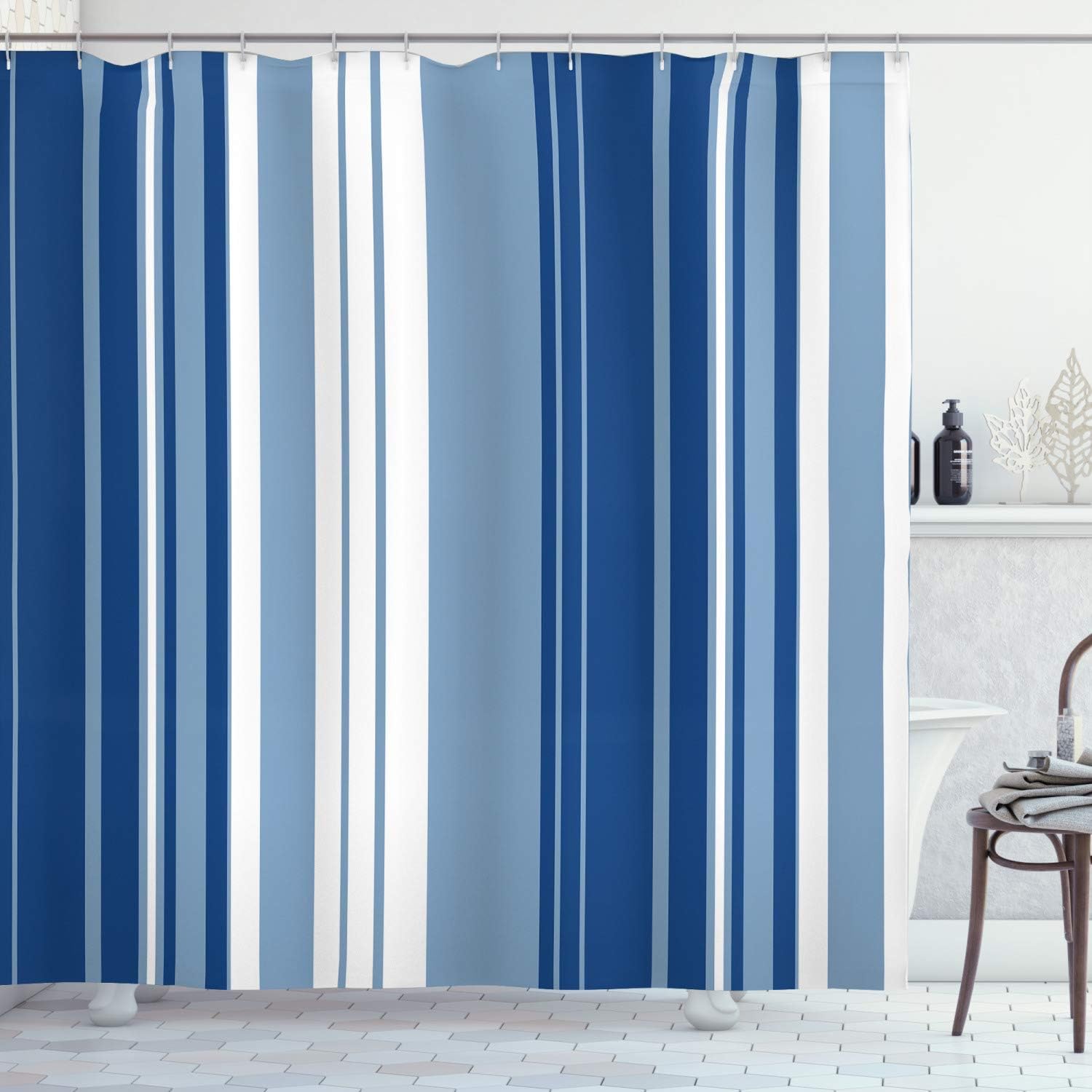 Ambesonne Harbour Stripe Shower Curtain, Retro Shades of Stripe Abstract Vintage Design, Cloth Fabric Bathroom Decor Set with Hooks, 69" W x 70" L, Navy Blue White