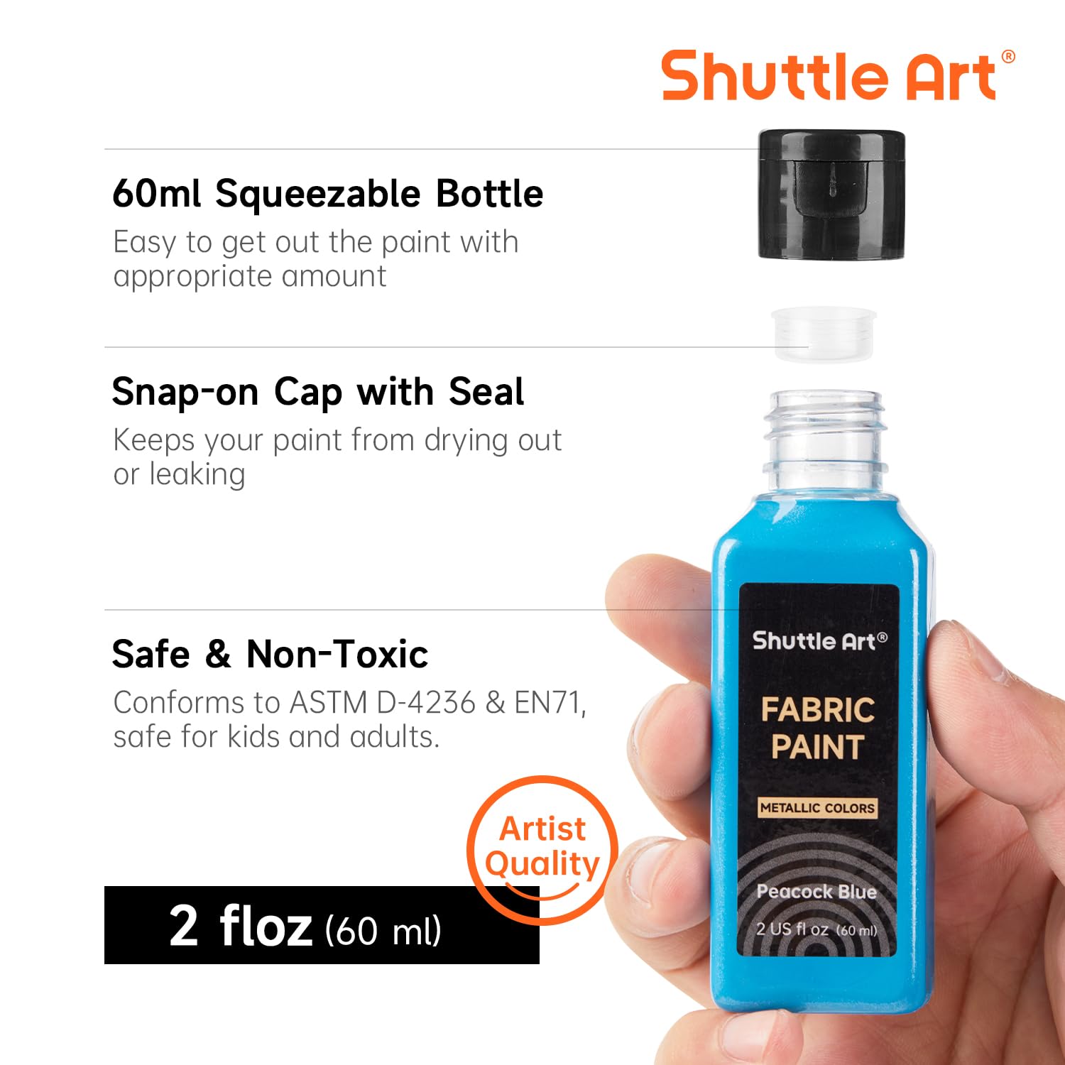 Shuttle Art Pintura Textil Metalizada (60ml), 18 Colores Metálicos Pintura Textil Permanente y Lavable con Pincel y Plantillas, Pintura para Tela, Camisetas, Zapatos, Jeans, Bolsos y Proyectos DIY
