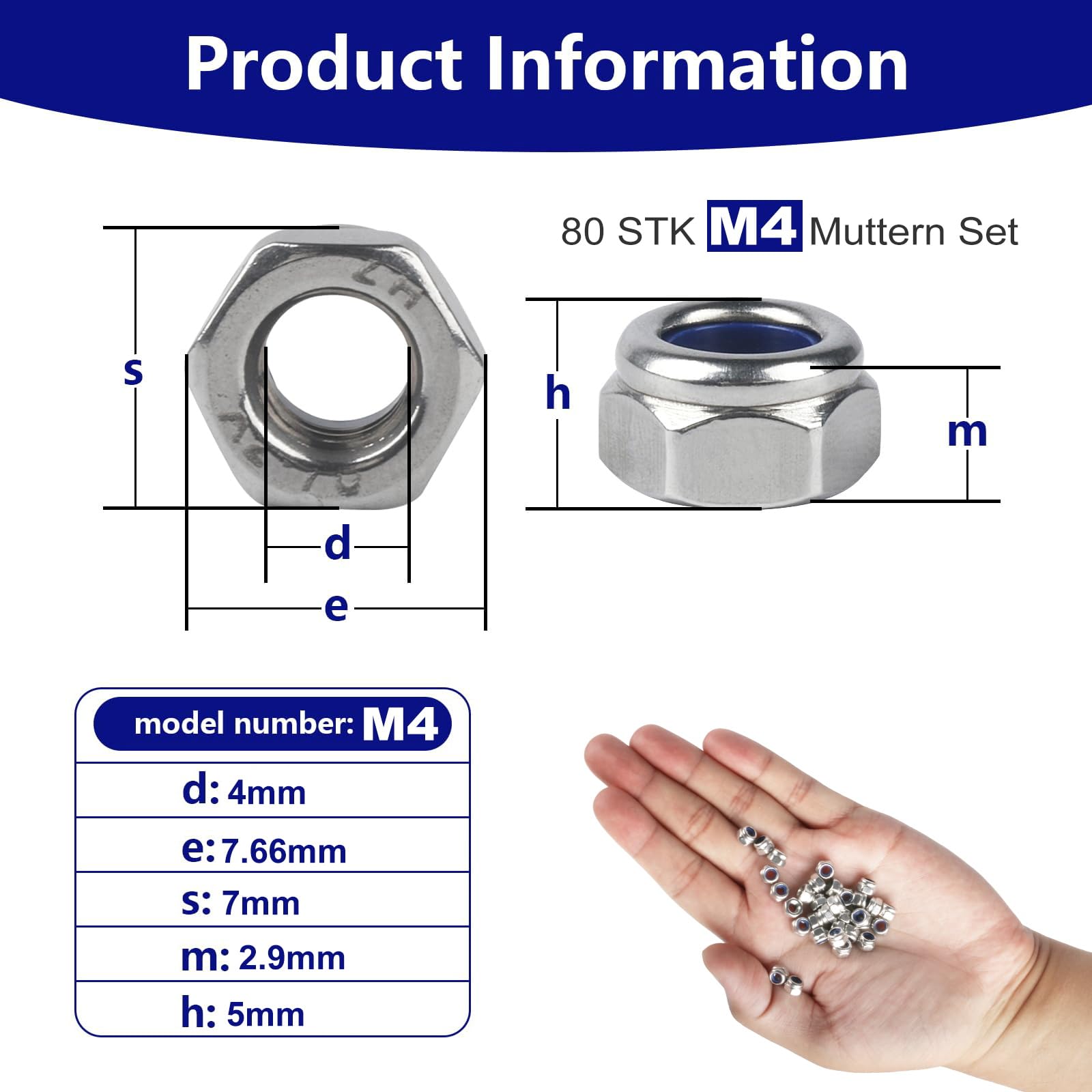 80 Dadi Autobloccanti M4 In Acciaio Inox - Con Inserti Nylon, DIN 985, Per Fissaggi Antivibranti - Foto 8