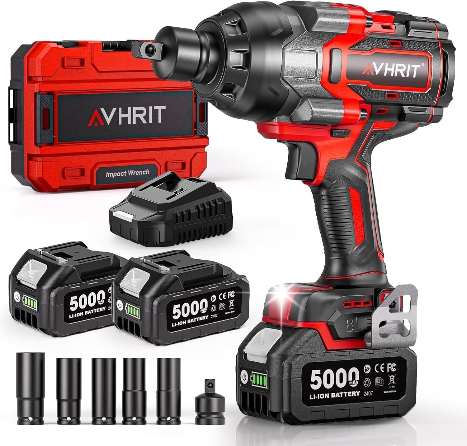 Akumulatorowa wkrętarka udarowa 1/2 cala z 2 x akumulatorem 4000 mAh 2200 Nm. Elektryczna wkrętarka udarowa do domu i samochodu, 5 kluczy nasadowych, 4 śrub, 4 wierteł