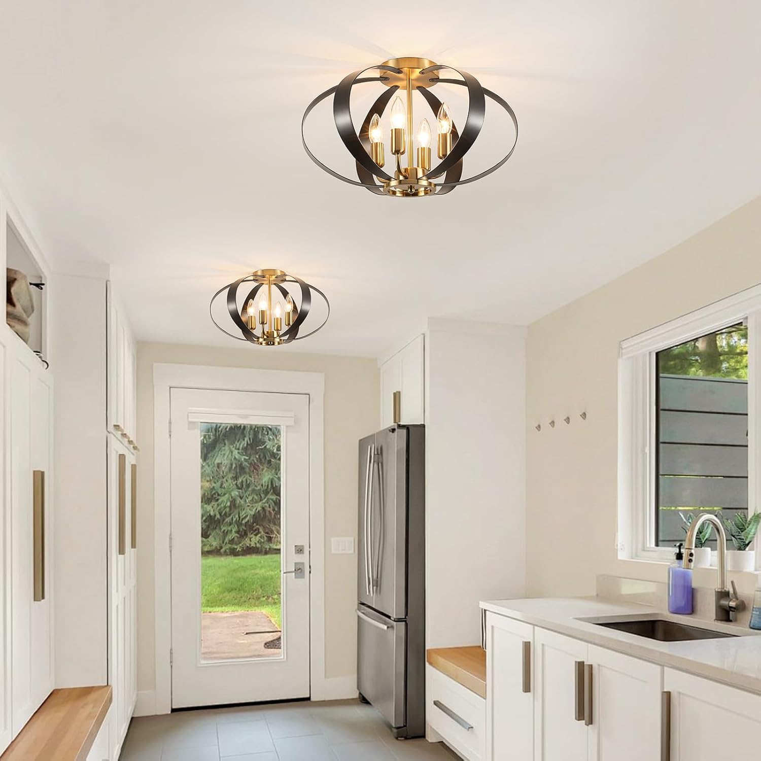 Black and Gold Semi Flush Mount Ceiling Light, 4-Light Farmhouse Modern Light Fixtures Ceiling Mount, Metal Cage Chandelier Lamp for Kitchen, Hallway, Entryway, Living Room, Bedroom