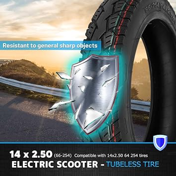 14x2.50 Tire | 14 2.50 Ebike Neumatico Tire with Bent Valve | 14x2.5 Tubeless Tire for Electric Bike Rubber Anti-Puncture Tire with Skid Tread | 66-254 Wear-Resistant Tire