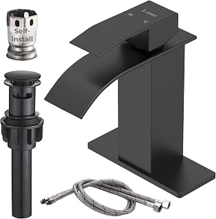 Matte Black Waterfall Bathroom Sink Faucet Single Hole - Single Handle Bathroom Faucet with Pop Up Drain, Deck Plate and Supply Hoses - Stainless Steel Lavatory Bathroom Vanity Faucets