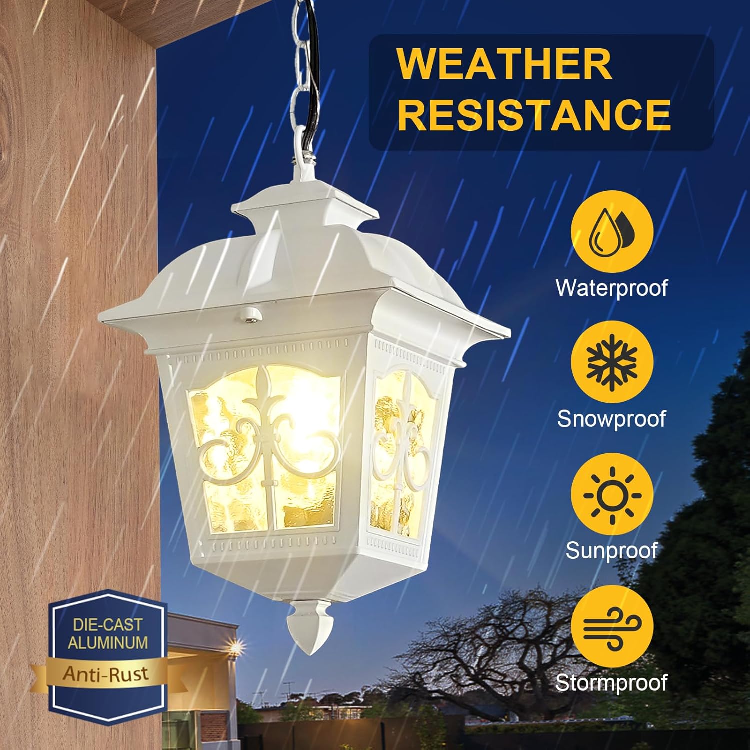 White Outdoor Pendant Light, Porch Foyer Entryway Entrance Patio Farmhouse Aluminum Hanging Lantern Waterproof Outside Hanging Light Exterior Chandelier Light with Adjustable Chain(2 Pack)