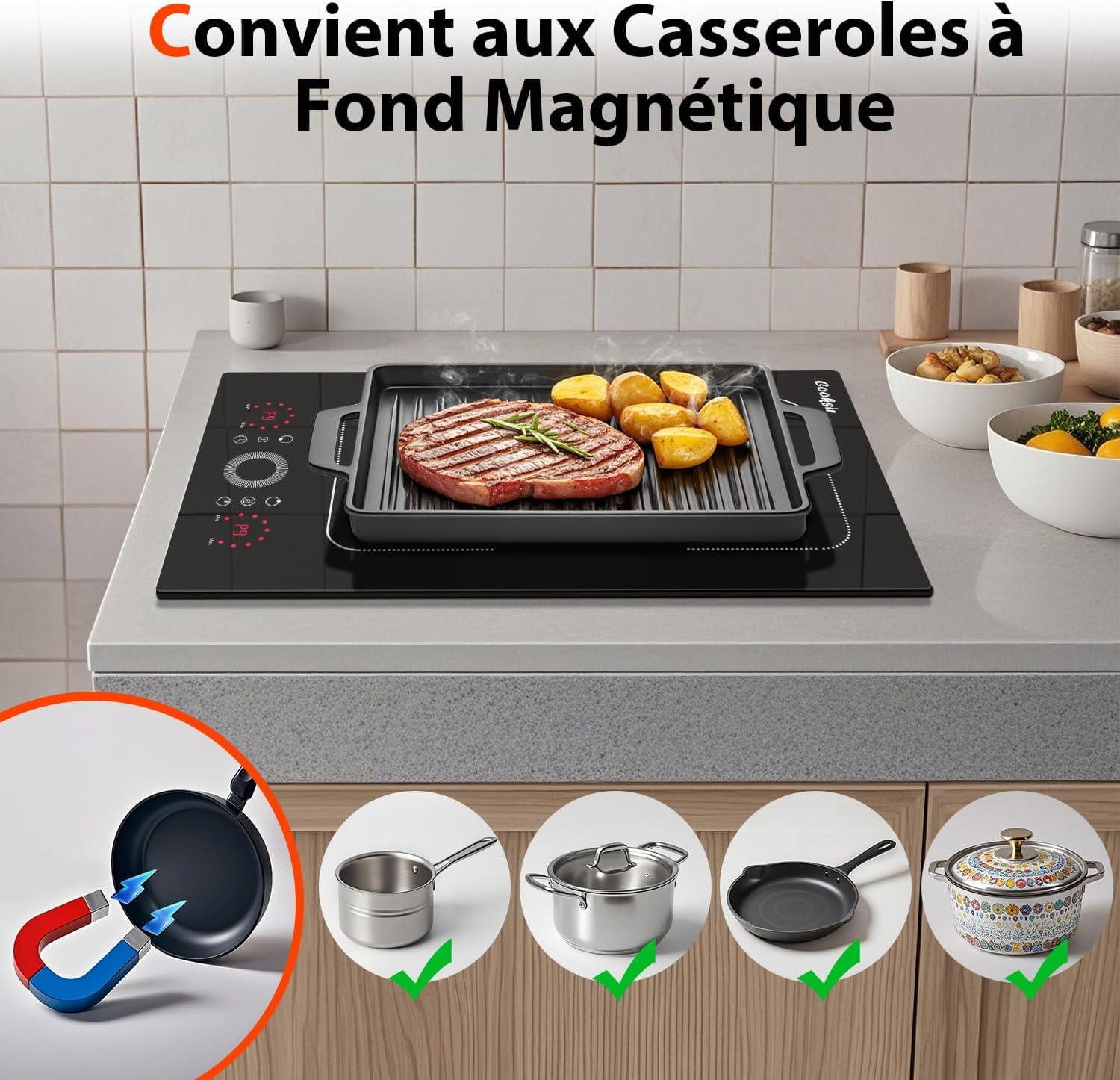 Plaque Induction 2 Feux avec Prise, Plaque à Induction Encastrable 29CM, Zone Flexible, Curseur Circulaire, Verrouillage de Sécurité, Minuterie, Cooksir Induktionskochfeld 2 Platten mit Stecker
