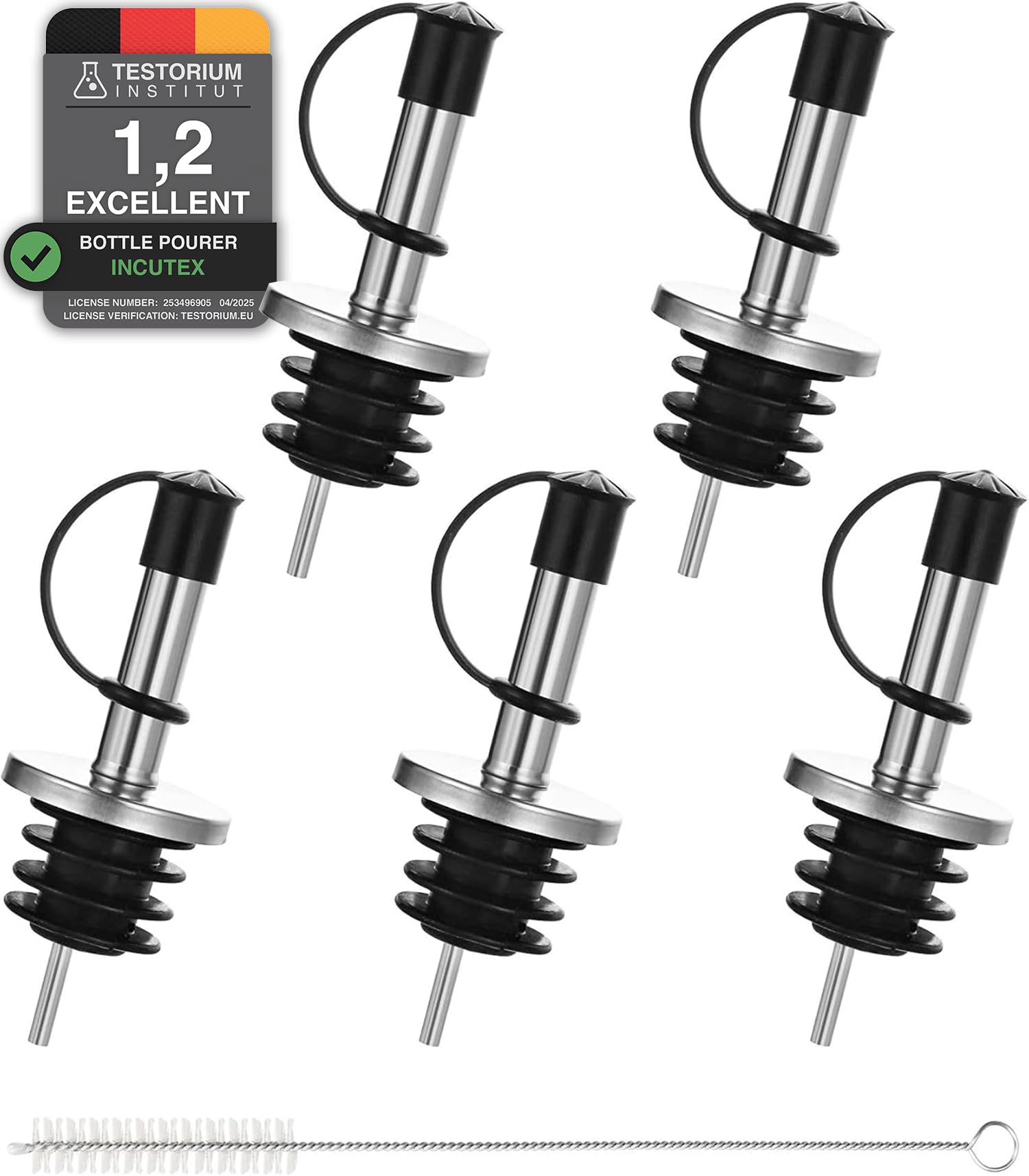 Incutex Silver 5X Bottle Pourers And 1X Cleaning Brush, Stainless Steel Spout With Rubber Cap Closure, Freeflow Drizzler Oil Stopper, Bottle Spout, Spirits Wine Liqueur Vinegar Pourer