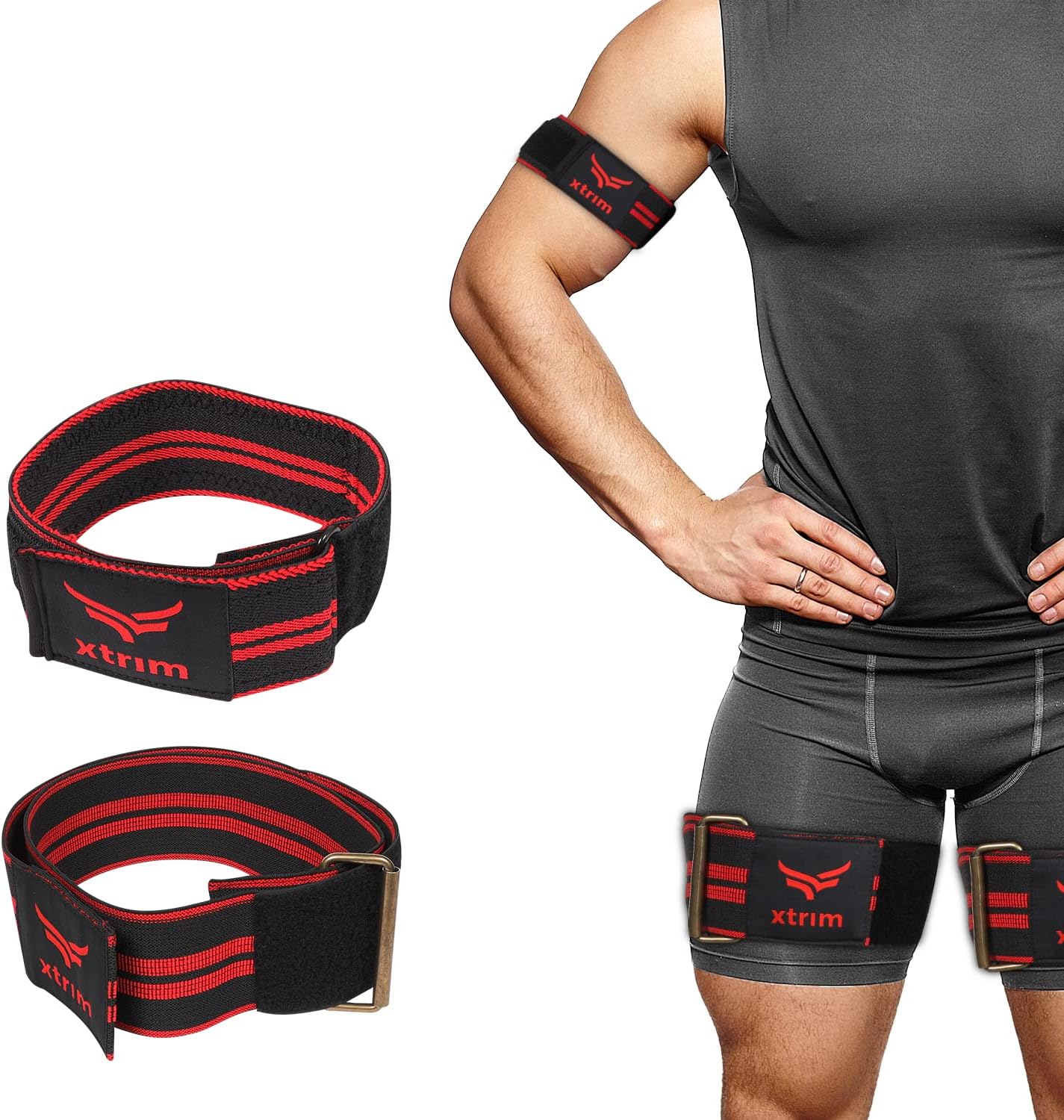 XTRIM - Combo Pack - 2 BFR (Blood Flow Restriction) Workout Bands for Arms & 2 BFR Bands for Legs or Glutes, Strengthen Muscles Without Lifting Heavy Weights (Set of 4, Red & Black)