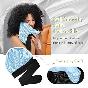 BONNET QUEEN Silk Bonnet for Sleeping Satin Bonnet with Tie Hair Wrap Double Layer Sleep Cap for Women Curly Hair, Black Blue