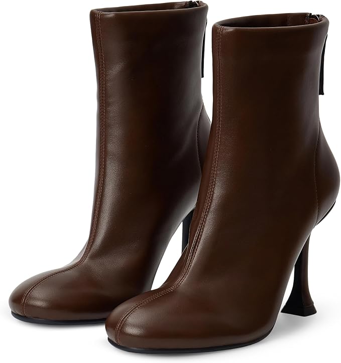 Ankle Boots for Women Round Toe High Heel Booties with Back Zipper Mid Calf Stiletto Heel Dress Boots, Brown, 6.5