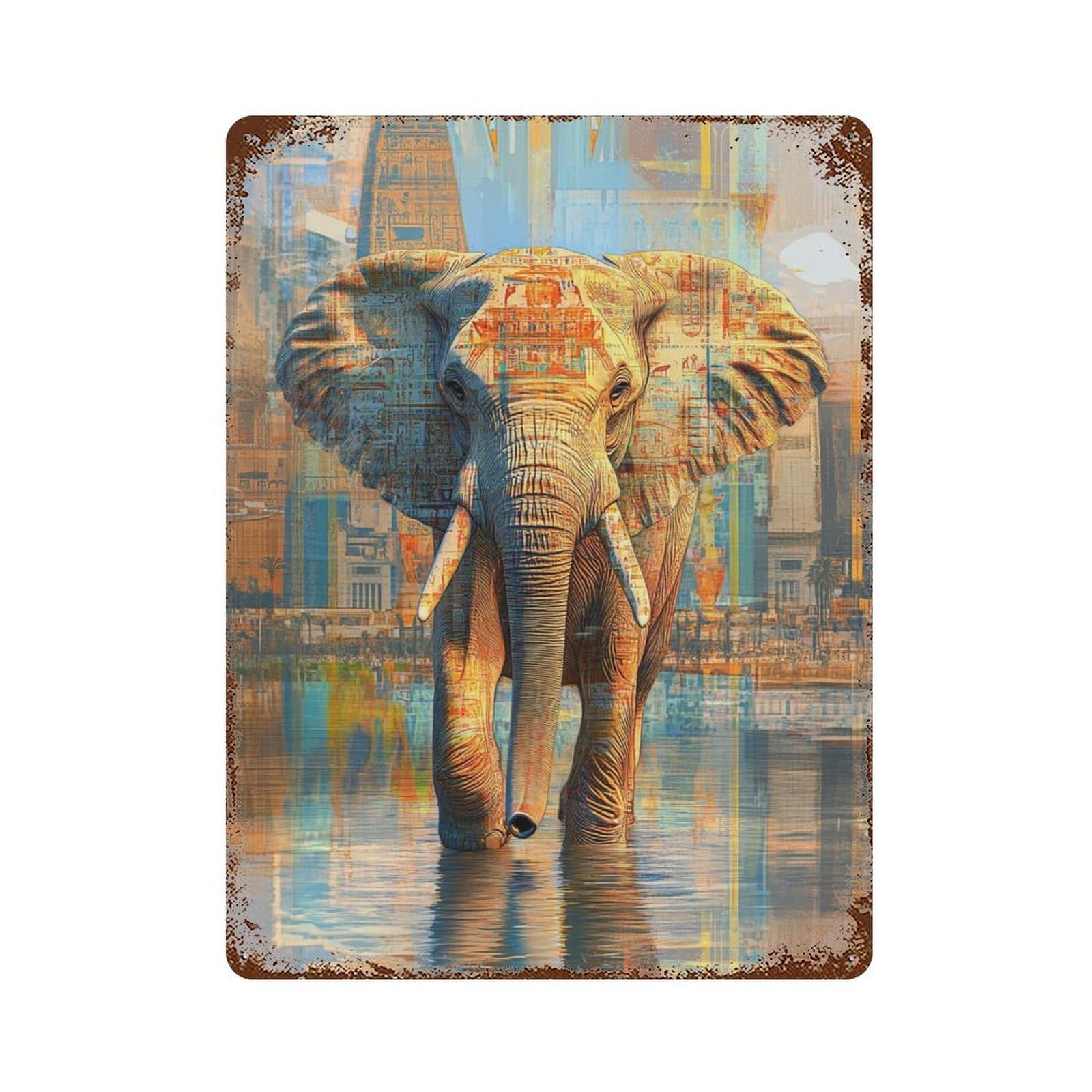 Elephant in Egyptian Cityscape Distressed Metal Wall Sign 15.7"x11.8", for Garage, Bar And Workshop Decor, Decorative Metal Wall Art