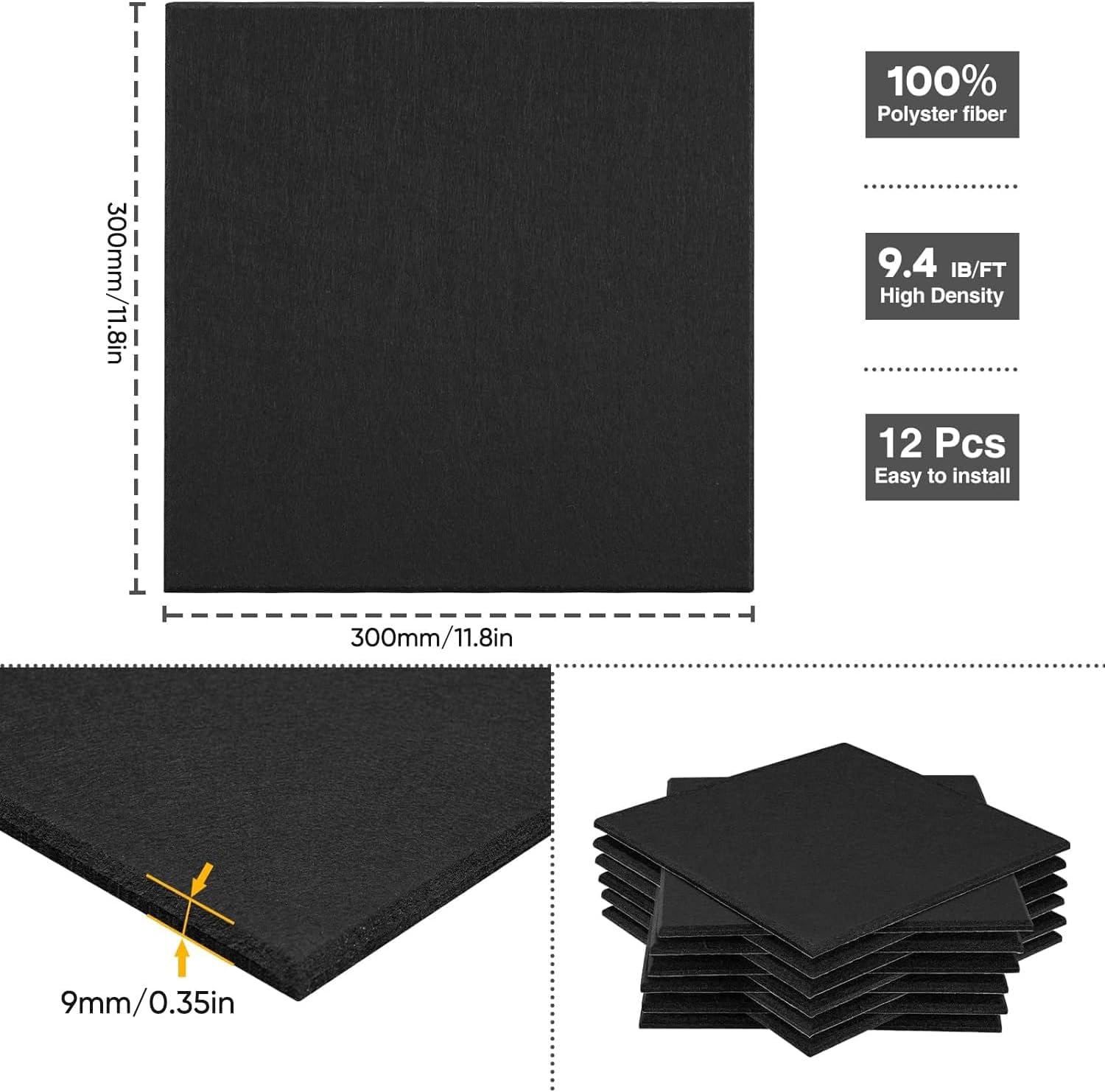 Bacheca autoadesiva in feltro, set da 12 pezzi, 30 x 30 cm, decorazione per ufficio, adatta per pareti, adatta per uffici, case, scuole (nero)
