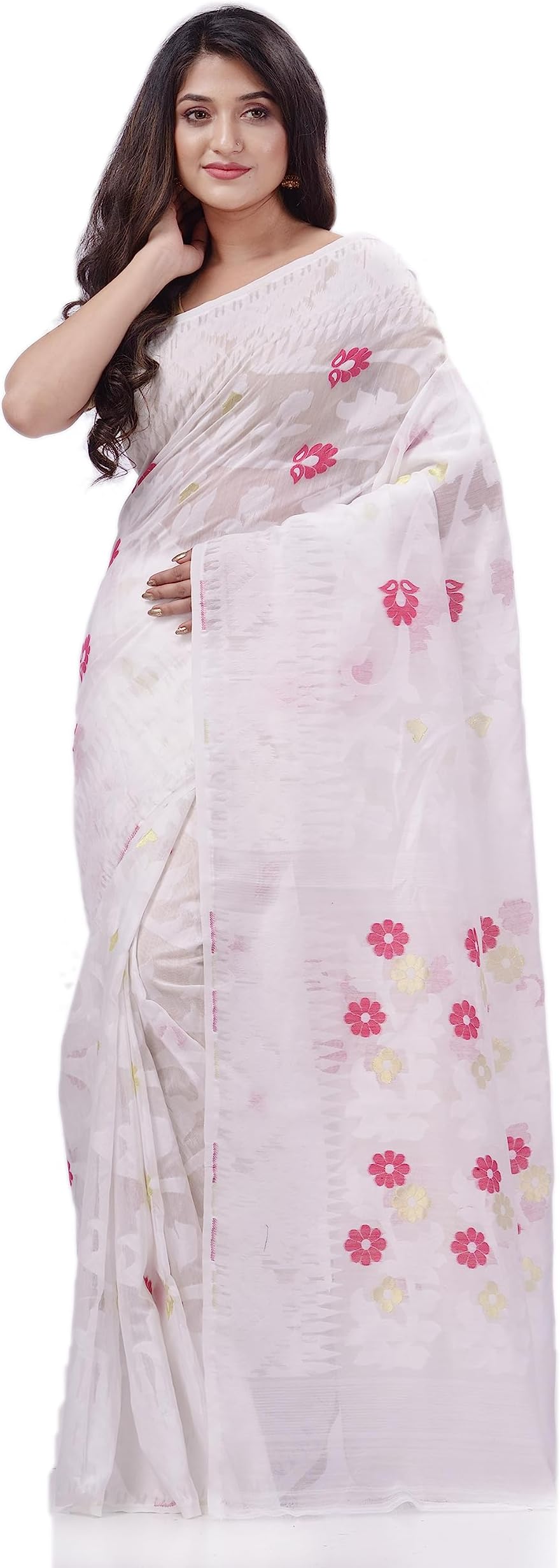 dB DESH BIDESH Women`s Rangabati Resham Dhakai Jamdani Pure Cotton Handloom Saree without Blouse Piece