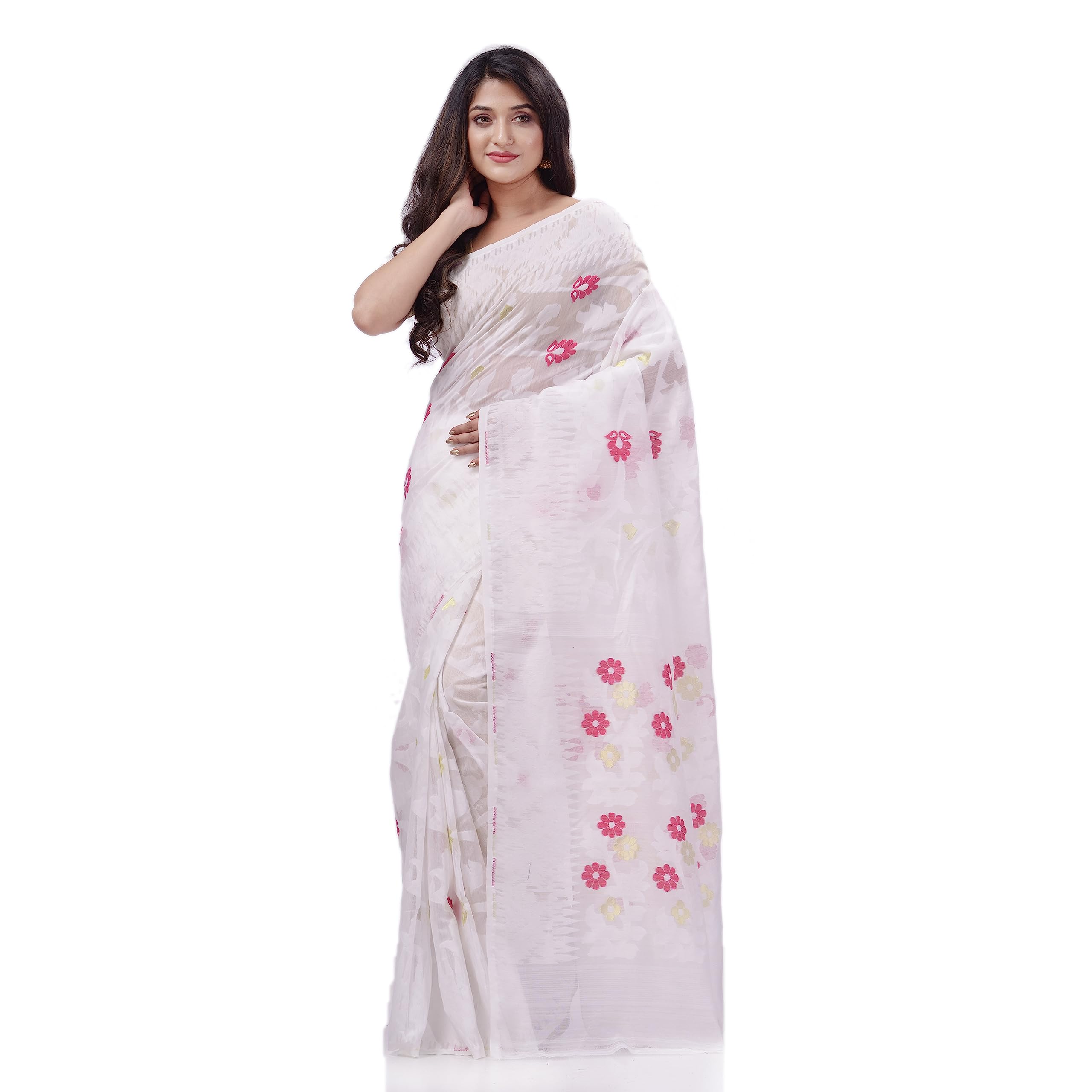 dB DESH BIDESH Women`s Rangabati Resham Dhakai Jamdani Pure Cotton Handloom Saree without Blouse Piece