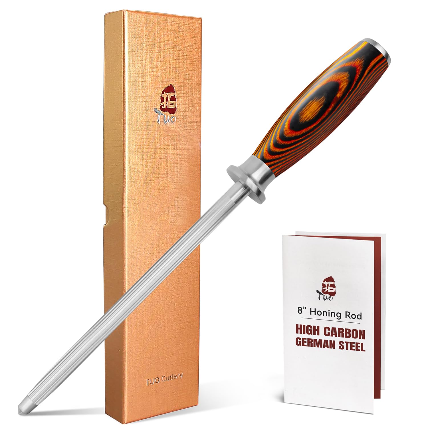 TUO Honing Steel 8 inches Professional Knife Sharpener German Steel Sharpening Rod with Pakkawood Handle-Fiery Phoenix Series