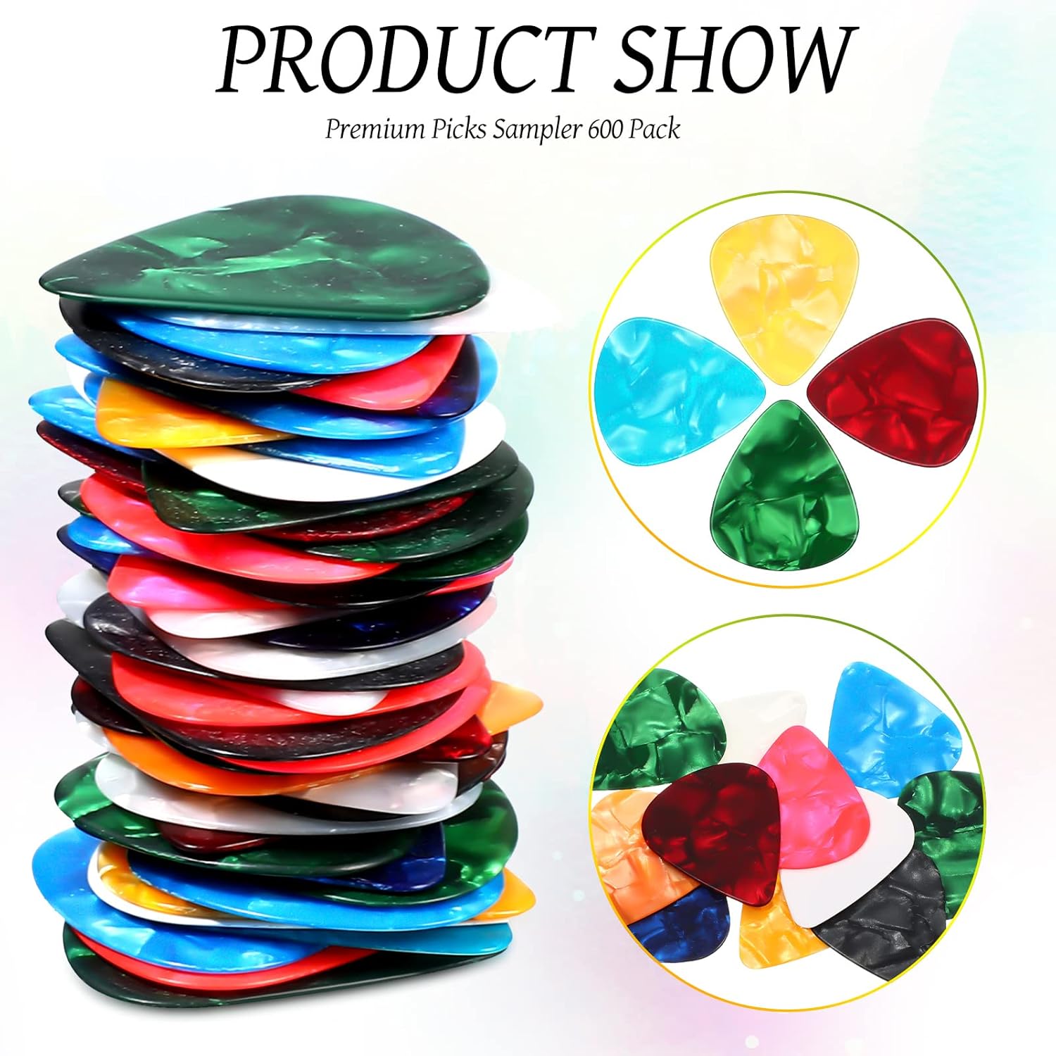 Yeshone 600 Pcs Guitar Picks Bulk Celluloid Picks Plectrums for Electric Acoustic Guitar Thin Medium Heavy Plectrums(10 Colors,0.46, 0.71, 0.96 mm)