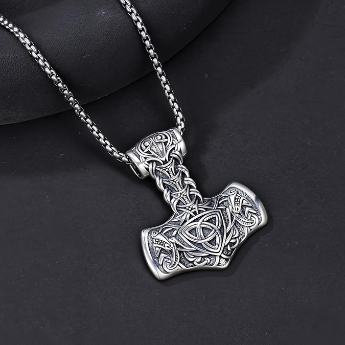 925 Sterling Silver Pendant Thor's Hammer, Stainless Steel Chain, Vintage Nordic Viking Thor's Hammer Pendant Necklace, Men's Amulet Jewelry Gift
