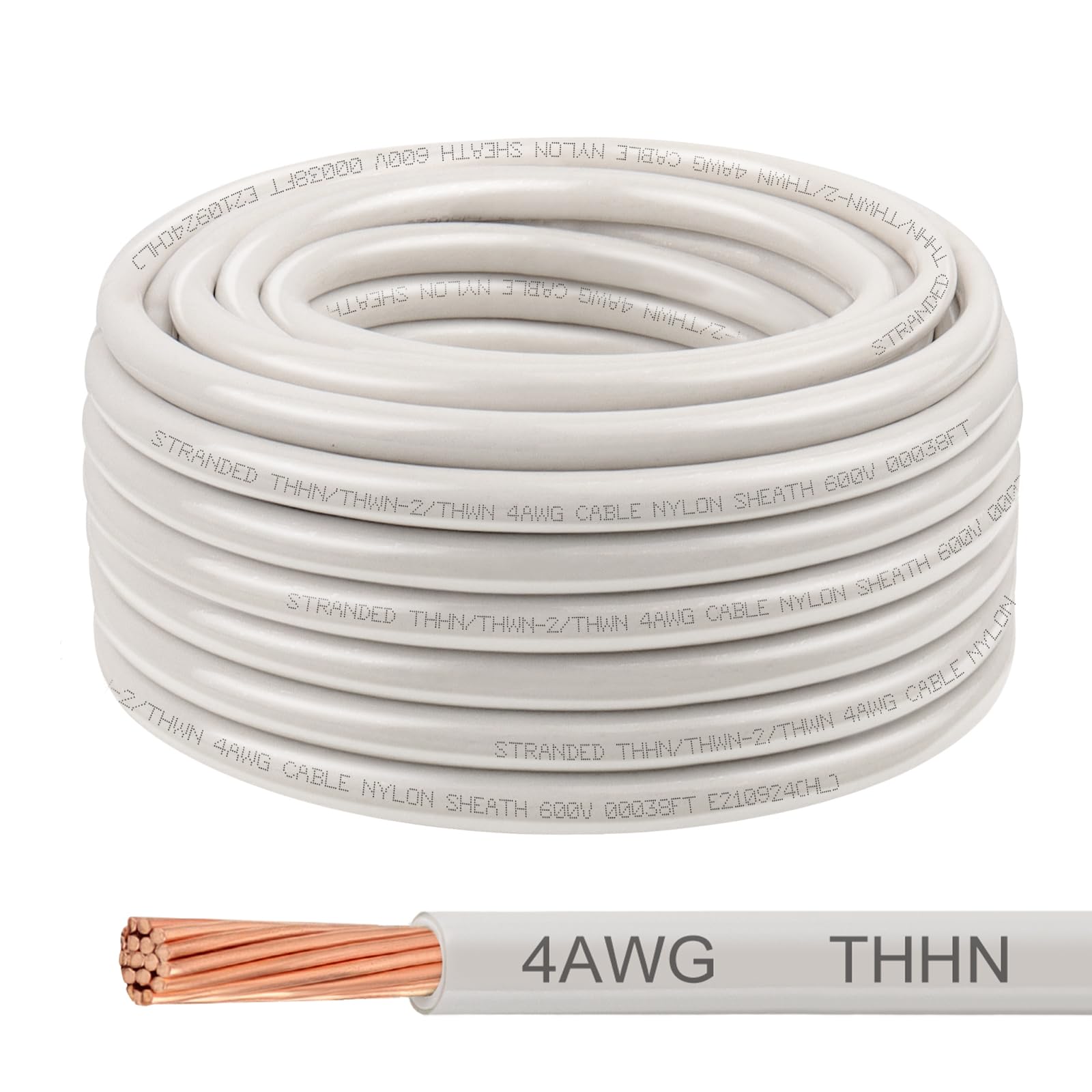 Photo 1 of THHN Wire 4 Gauge 50 FT, 4 AWG Stranded OFC Copper Electrical Building Wire with Nylon Jacket PVC Insulation, Rated 600V for Residential, Industrial, CNC, Ground (4 Gauge, White)