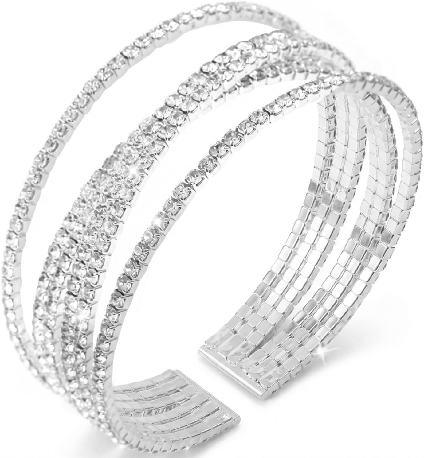 Jojomina Silver Rhinestone Bracelet for Women Multilayer Crystal Cuff Formal Prom Bridal Bracelets for Wedding Cocktail Party