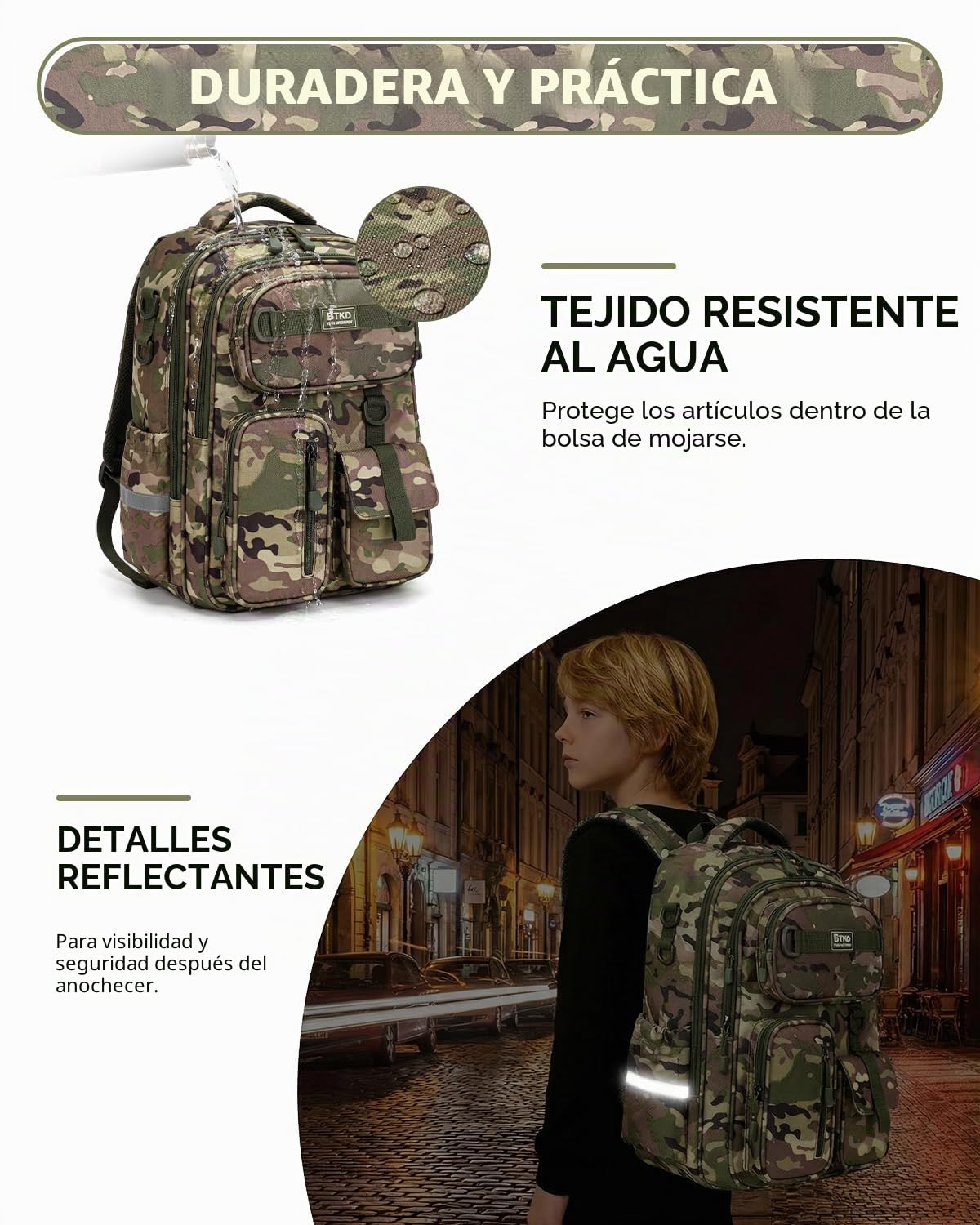 Amythe Mochila Escolar Grande para Niño 8-12 Años Ligera, Camuflaje Verde