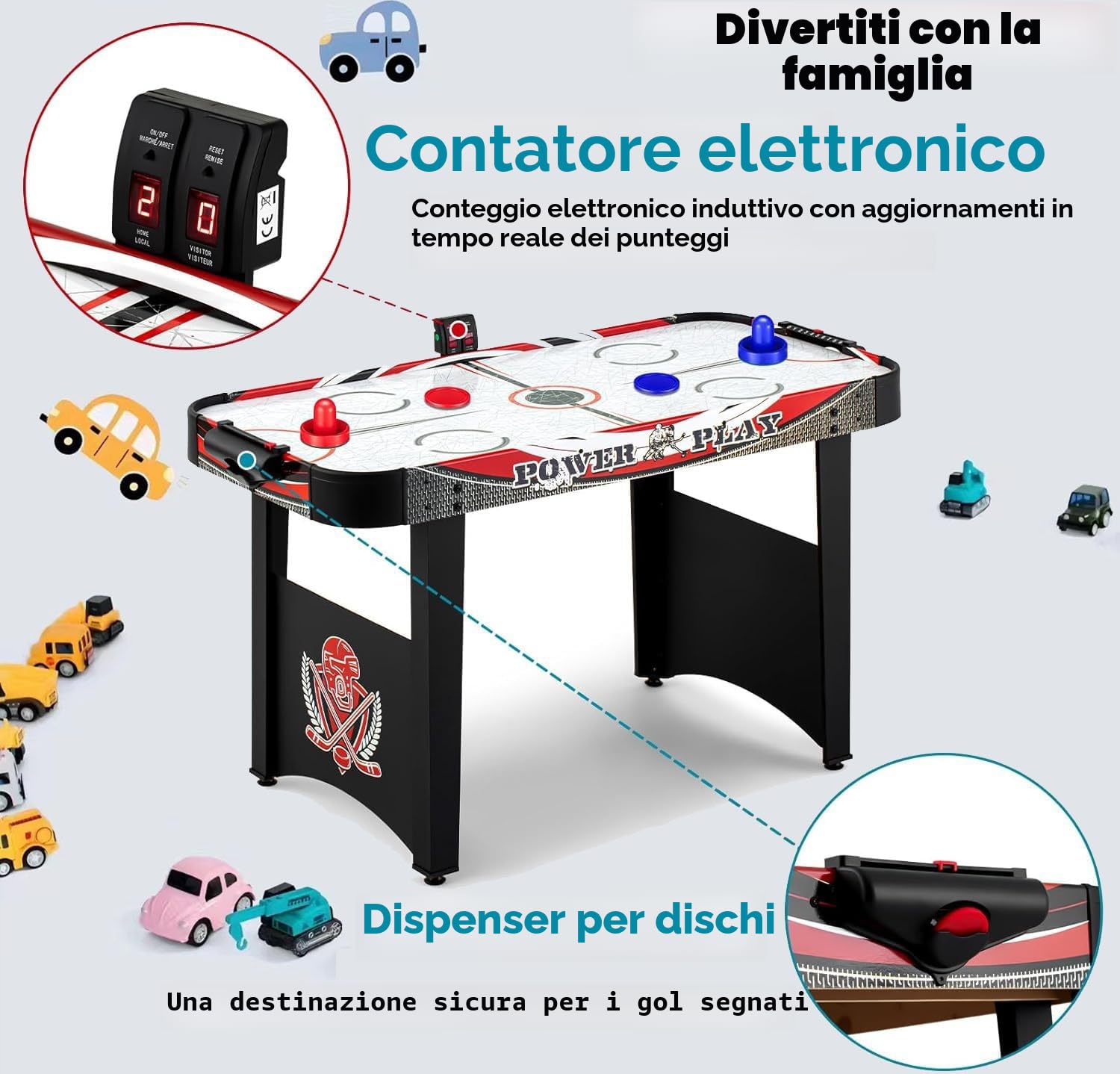 Tavolo da hockey ad aria, 4 piedi, per interni, digitale, gioco da hockey, 2 pusher per adulti
