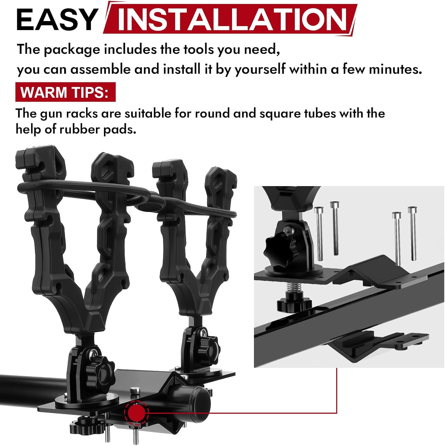 Upgraded Double ATV / UTV Gun Rack, Hunting Tool Holder Mount Compatible with UTV / ATV / Golf Cart / Bicycle, Holding Gun Bow Hunting Tool Shovel Hoe Sickle