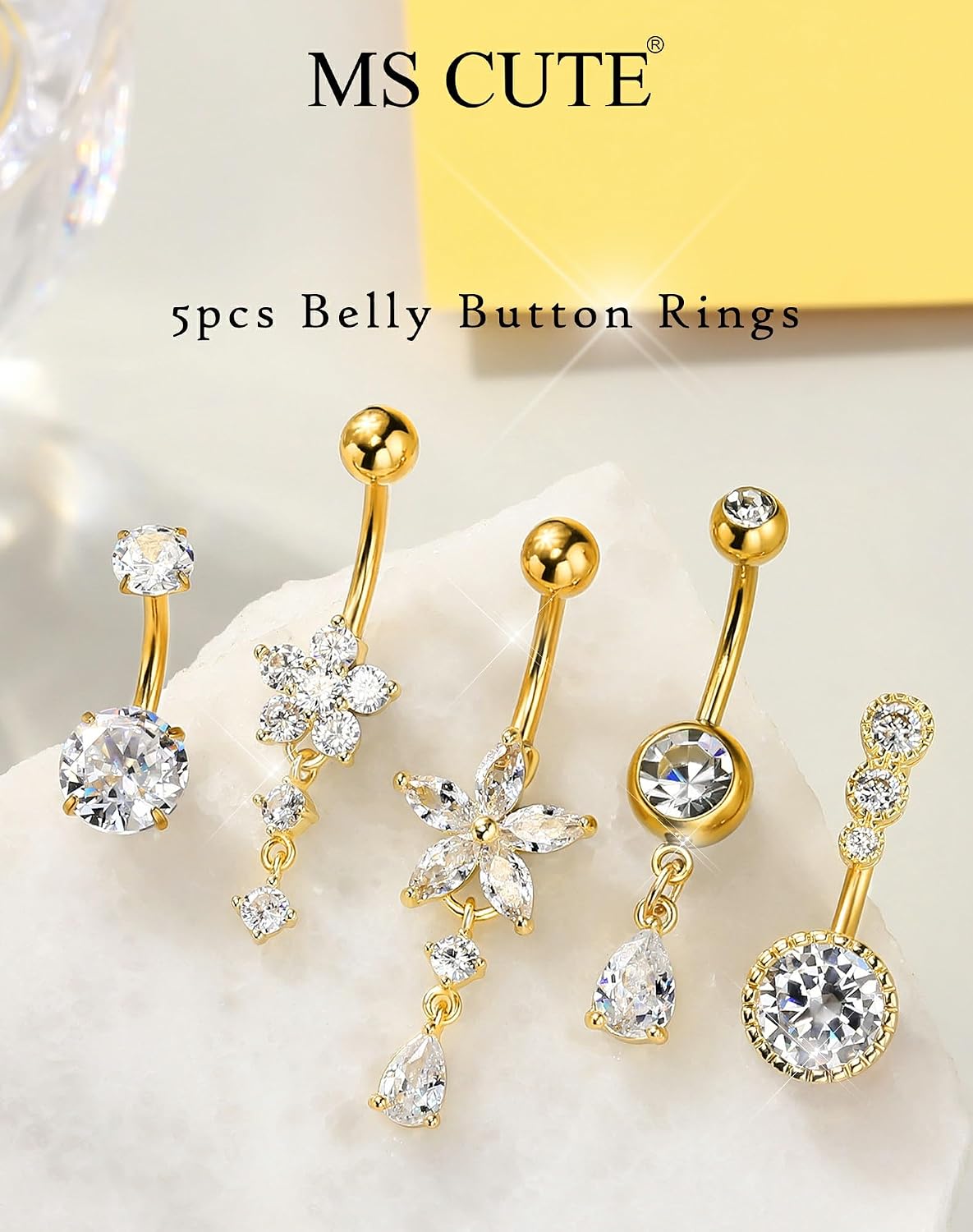 5PCS Belly Button Rings for Women Girls, 14G Surgical Steel Navel Rings Set, Gold & Silver CZ Dangle Body Piercing Jewelry