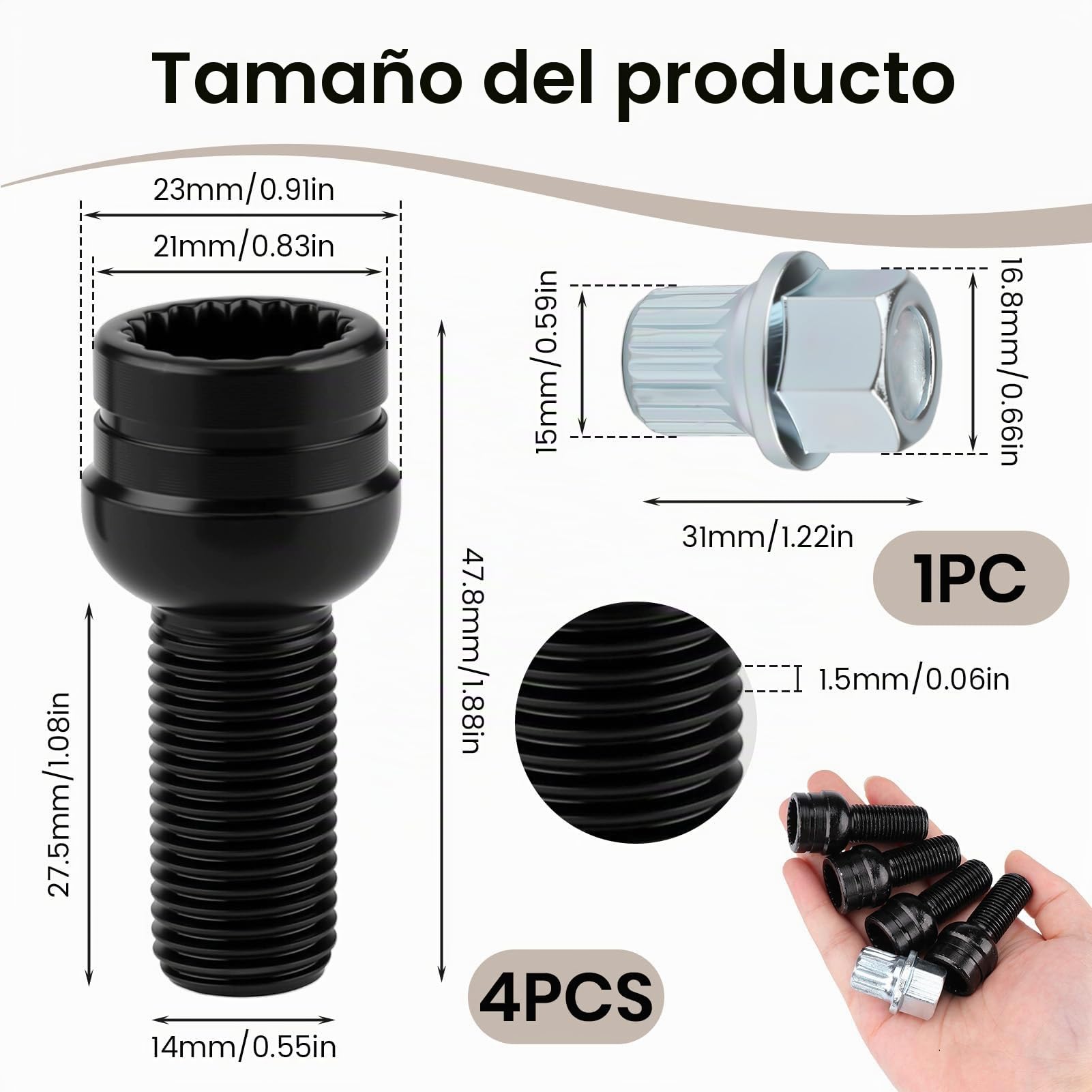 4 x Tornillos Antirrobo Coche M14 x 1,5 mm con Llave Especial, Juego de Pernos de Rueda de Acero al Carbono para Protección de Neumáticos, Compatible con Golf Passat Jetta