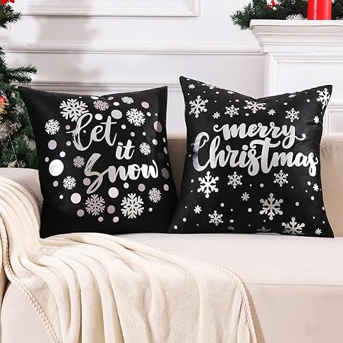 Miniatura 5 de JOJOGOGO Juego de 4 fundas de almohada navideñas negras y plateadas de 16 x 16 pulgadas, decoración navideña plateada y negra, copos de nieve,