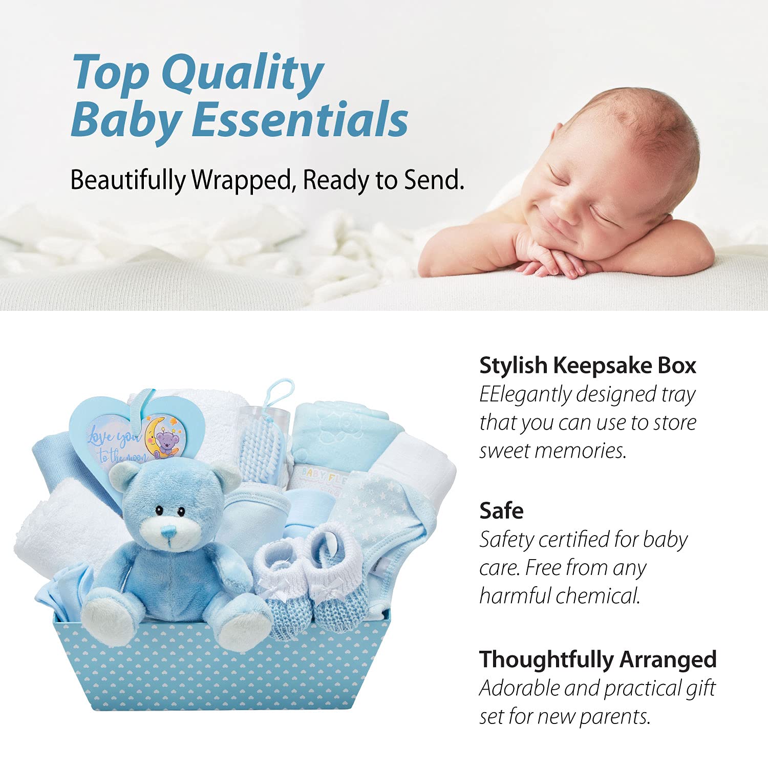 Baby Boy Blue Gift Hamper - with Fleece Wrap, Hooded Towel, Baby Clothes, 2 Muslin Cloths and Cute Teddy Bear : Baby