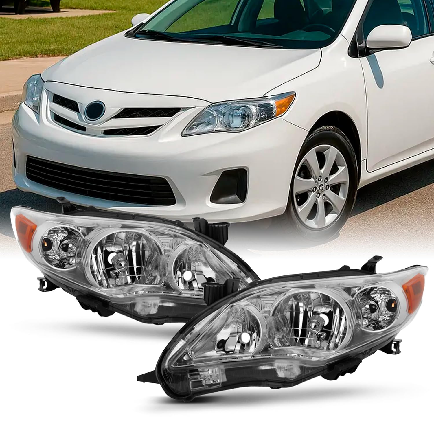 AKKON - For 2011-2013 Toyota Corolla Chrome Clear Headlights Front Lamps Direct Replacement Left + Right Pair