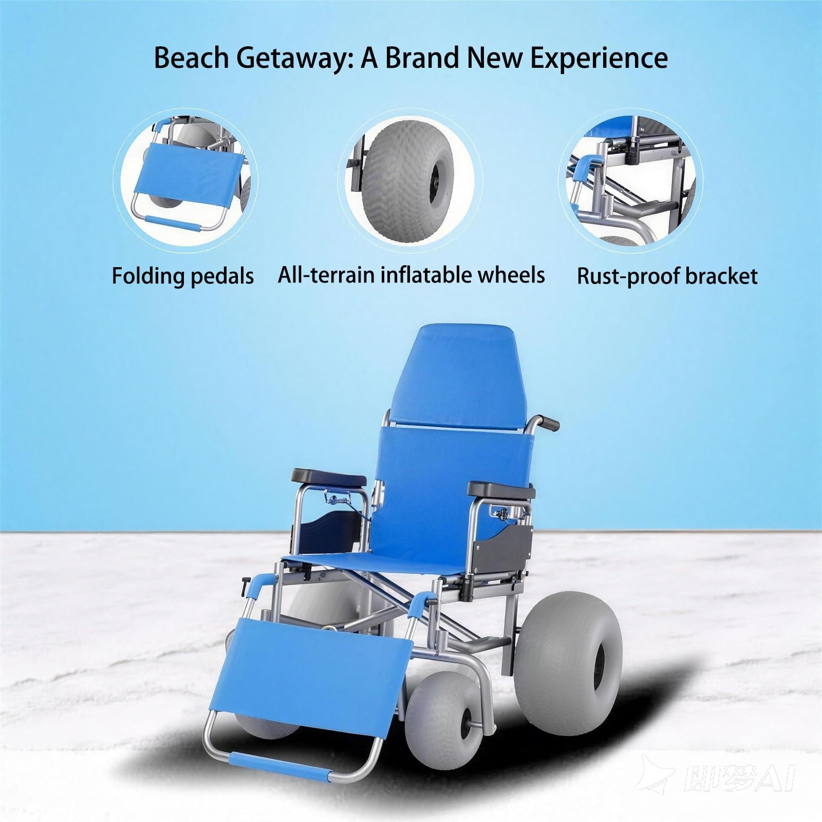 Silla De Ruedas Playa Con Neumáticos Tipo Globo, Todo Terreno, Respaldo Reclinable Y Reposapiés Ajustable, Capacidad 220 Libras, Fácil Desmontaje, Perfecta For Arena Suave Uso En Exteriores