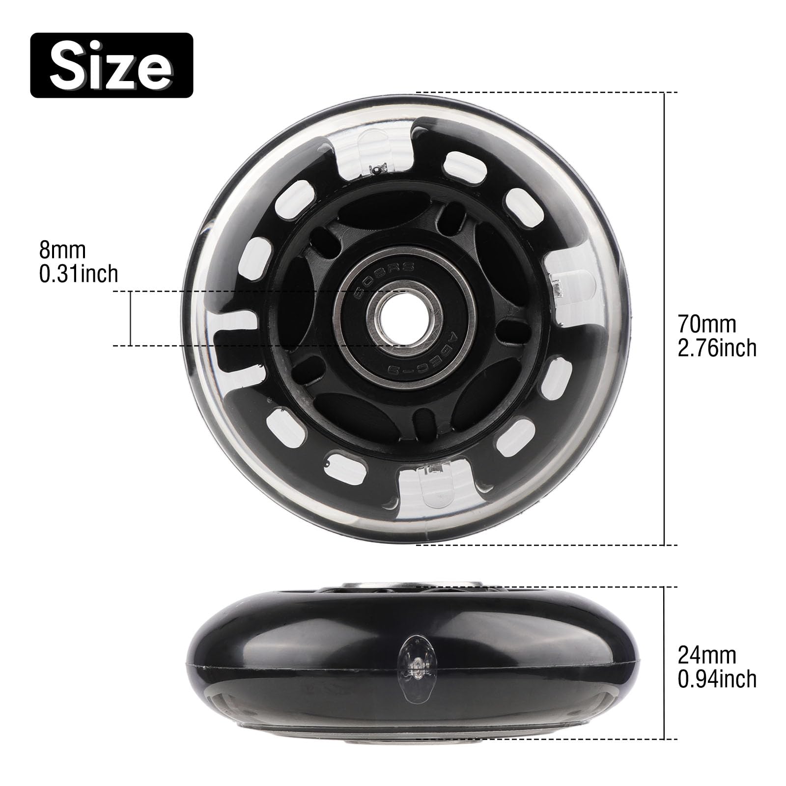 Wheelgoo 8pcs Inline Skate Wheels Led Light-Up Wheels 64/70/72/76/80mm w/Bushings 85-88A for Kids and Youth Beginners Children's Inline Skates Indoor/Outdoor Use (Black, 70mm)