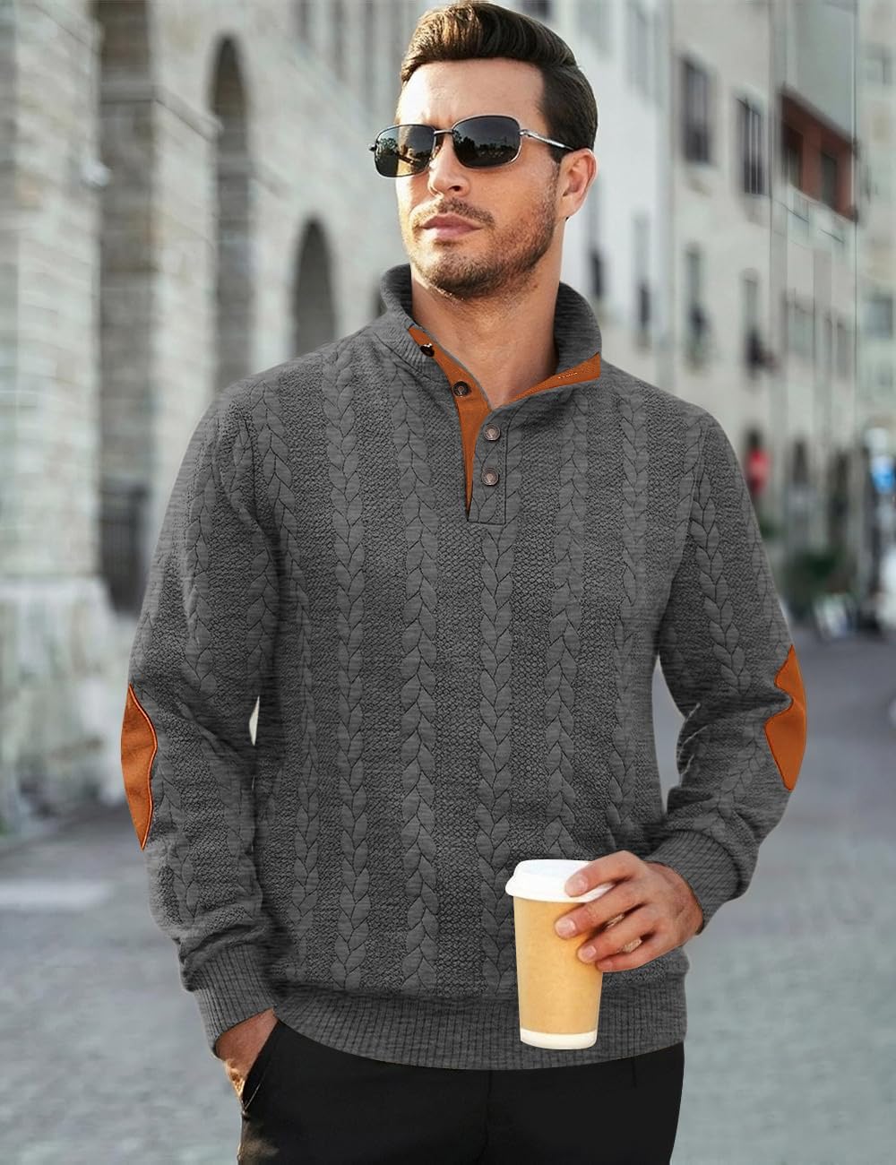 Men's Cable Knit Pullover Sweater Casual Long Sleeve Stand Collar Quarter Button Knitted Sweatshirts Quilted Sweatshirt - Image 3