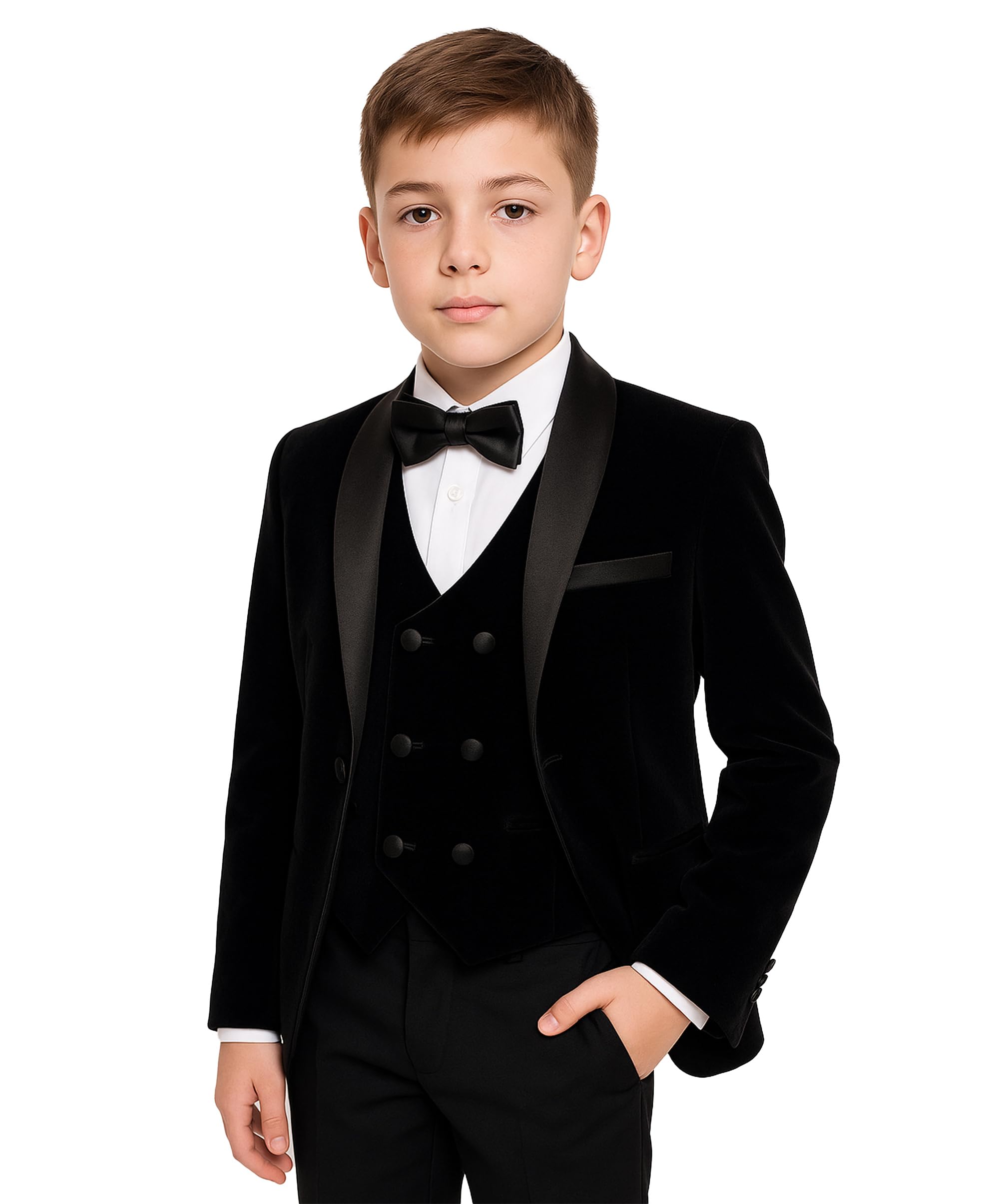 Luxury Boys Slim Fit Velvet 5PC Tuxedo Suit with Double-Breasted Vest- Ideal for Special Occasions