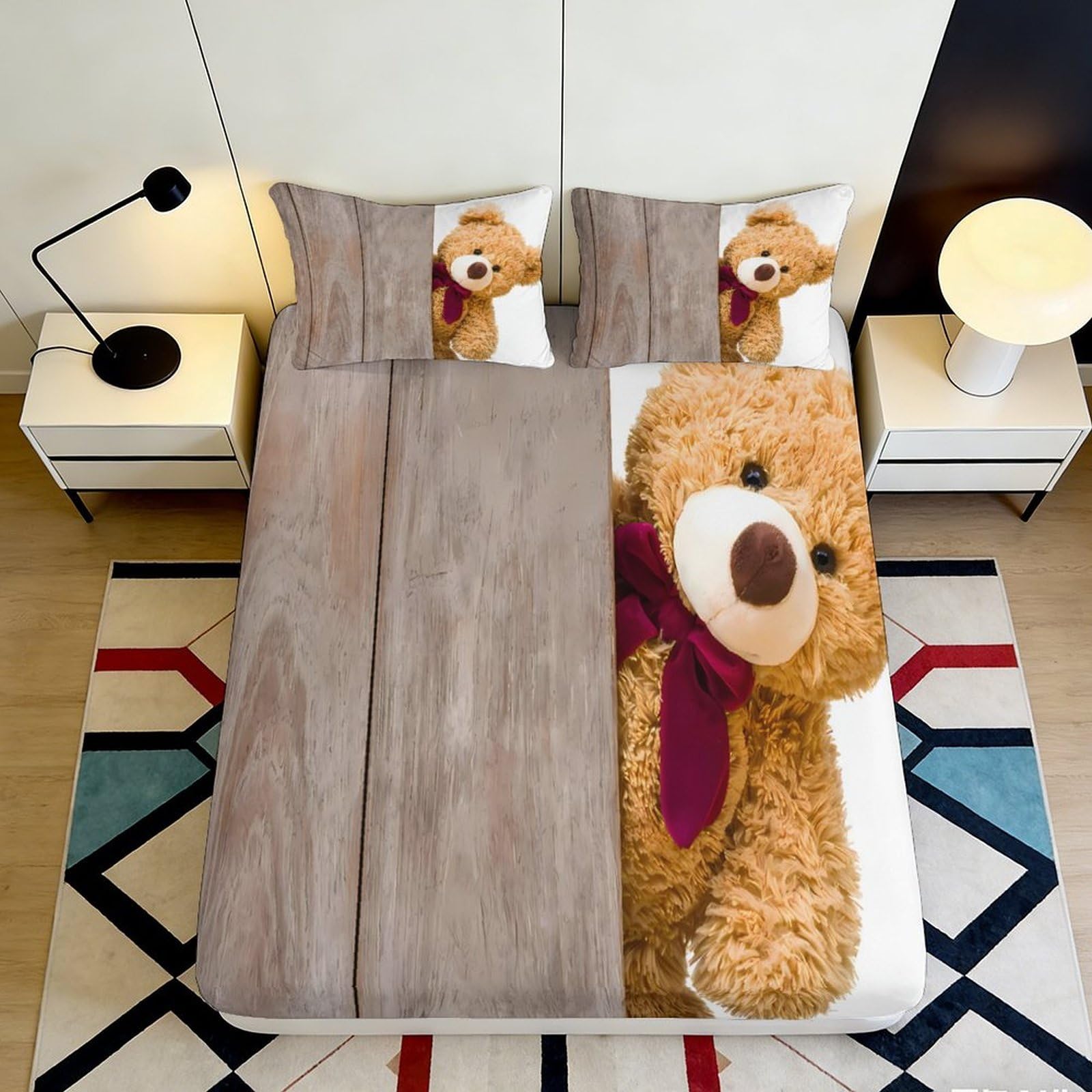 3D Printed Teddy Bear Fitted Sheet Microfiber Soft Brown Cartoon Bear Mattress Cover for Bedroom Dorm Decor Protection 90x200x25cm
