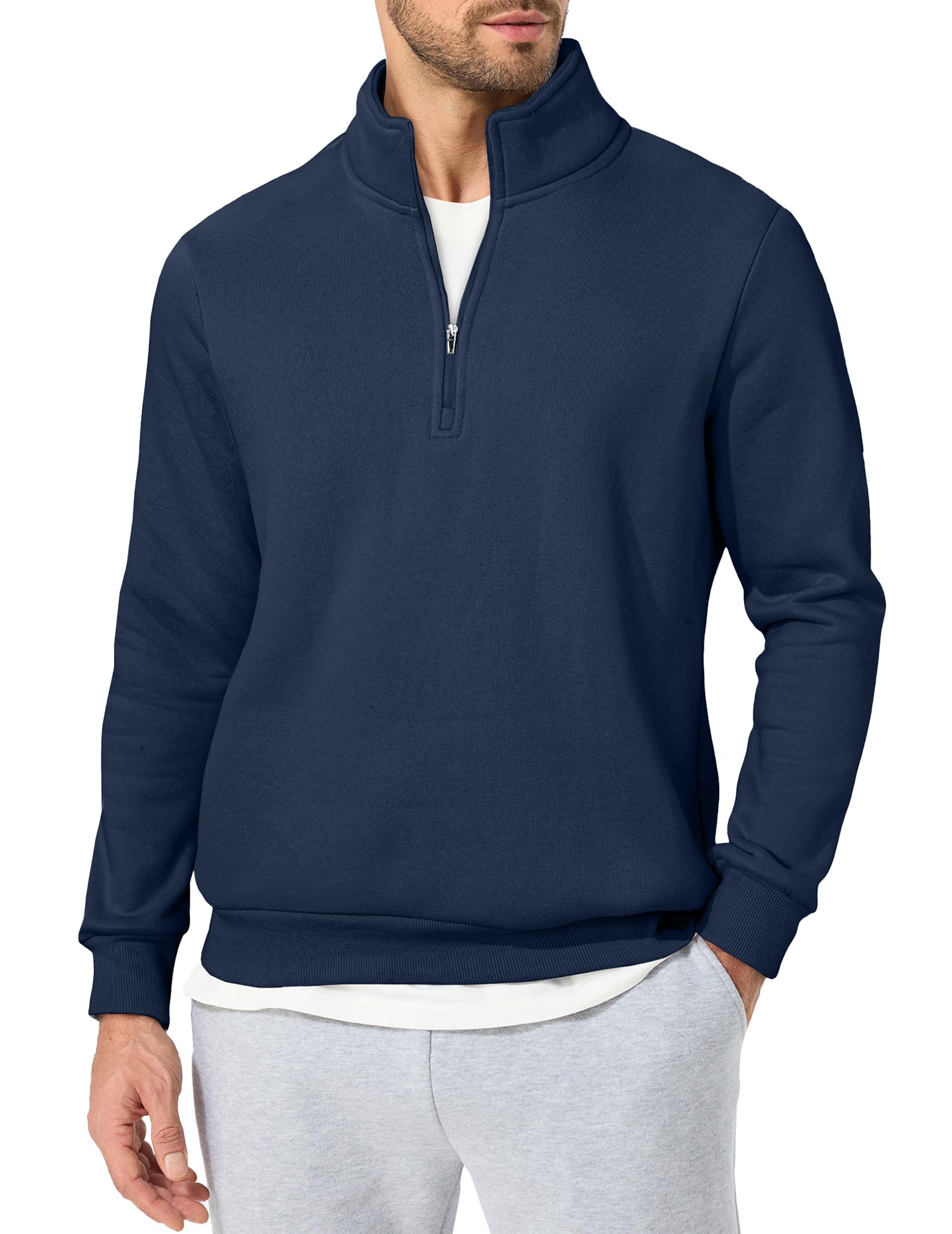 Mens Quarter Zip Pullover Polo Sweater Mock Neck Long Sleeve Lightweight Fleece Sweatshirts
