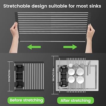 BBXTYLY Expandable Roll Up Dish Drying Rack with 2 Storage Baskets and Expandable Dish Drying Rack Over The Sink, Adjustable Dish Rack in Sink with Expandable Feet
